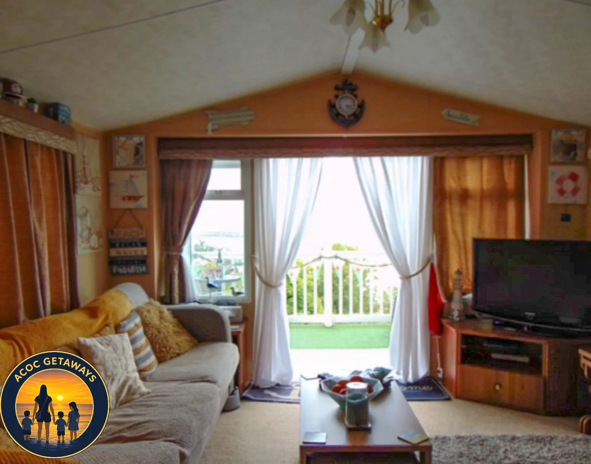 Living room with a sofa, pillows, television, coffee table, and sliding glass door with white curtains leading to a balcony with greenery outside.