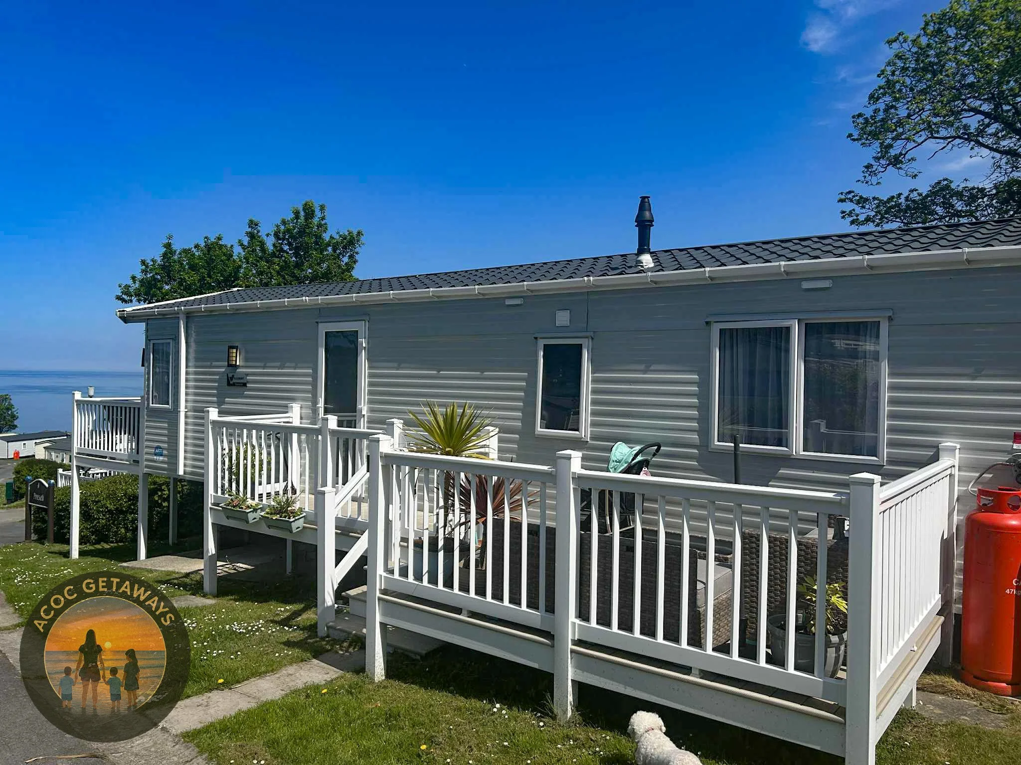 A gray manufactured home with white railing surround and a small front deck, situated on a grassy area with a sidewalk. There are trees nearby, and the sky is clear and blue. A white dog is visible in the front yard.