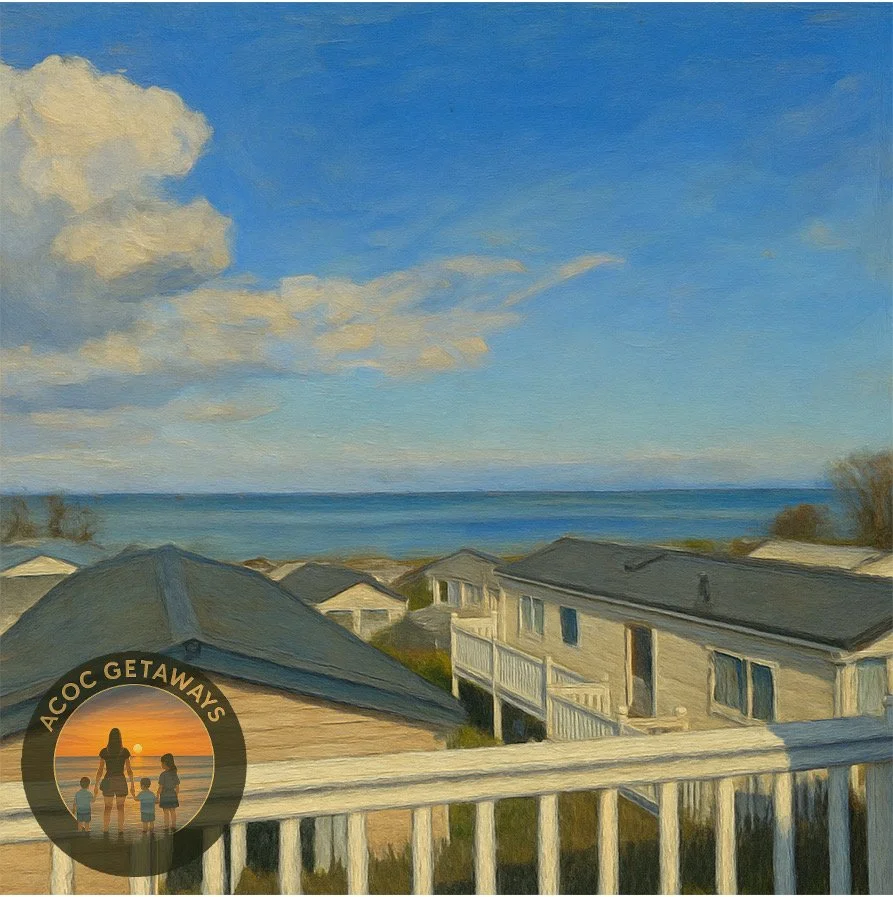 A painting of a beach neighborhood with houses, ocean, and sky with clouds, viewed from an upper balcony with white railings. There is an 'AOCC GETAWAYS' logo in the bottom left corner featuring a silhouette of a woman and children watching a sunset over the water.