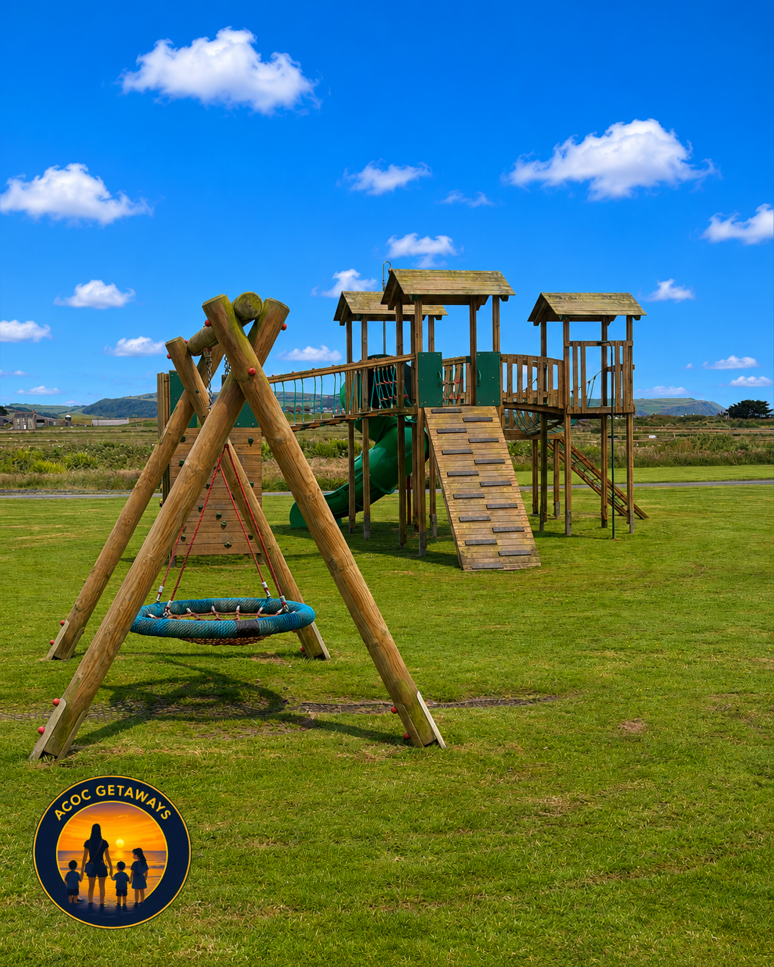 A playground with a wooden play structure including a slide, climbing wall, and towers, and a wooden swing set, all on a grassy field under a blue sky with scattered clouds.