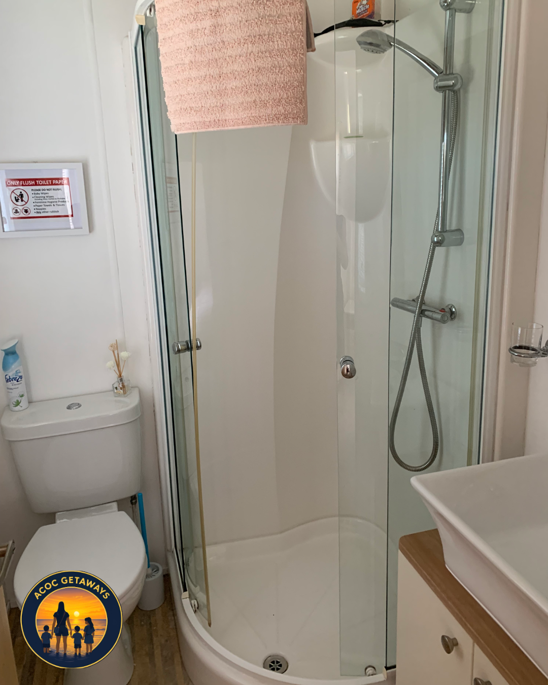 A small bathroom with a corner shower with glass doors, a white toilet with a blue toilet brush, a soap dispenser, and a wooden countertop with a white sink. A pink towel is hanging over the shower door, and a small sign on the wall provides restroom