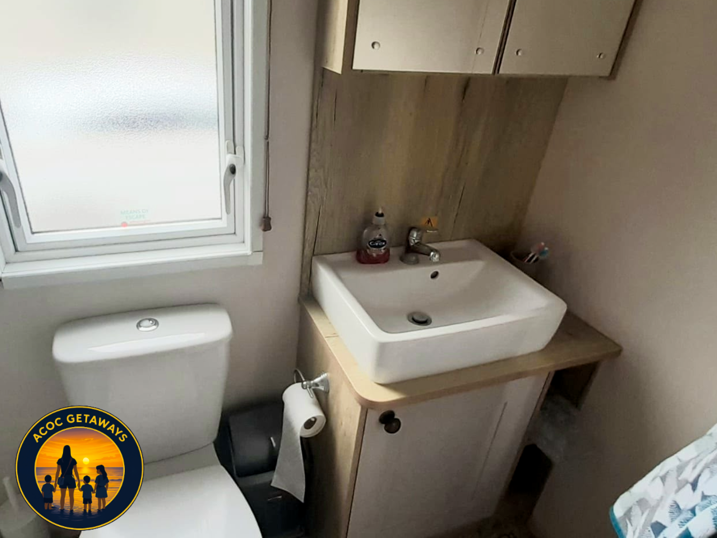 A small bathroom with a white toilet, a window, a small sink with a wooden countertop, a mirror above the sink, and a cabinet above the mirror. A bottle of hand soap and some toothbrushes are on the sink. Toilet paper hangs from a holder on the side 