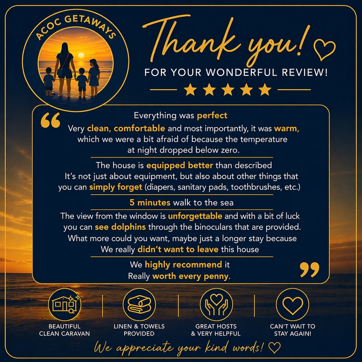 A thank you note from ACOK Getaways featuring a sunset silhouette of a woman and children on the beach, with review highlights praising the cleanliness, comfort, warmth, equipped house, view, and recommendability of their stay, along with icons of a 