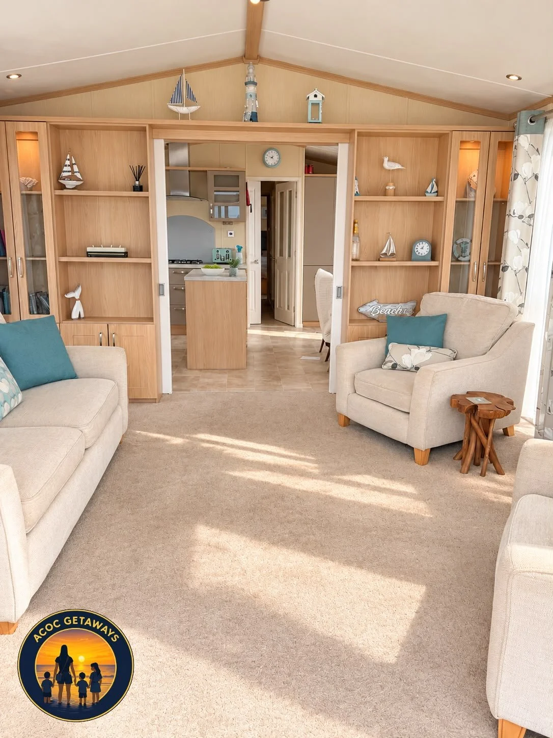 Living room with beige sofas, blue pillows, a beige armchair with a blue pillow, wooden shelving with nautical decor, a small side table made of natural wood, curtains with a leaf pattern, and a view into a kitchen area with a small island and hallwa