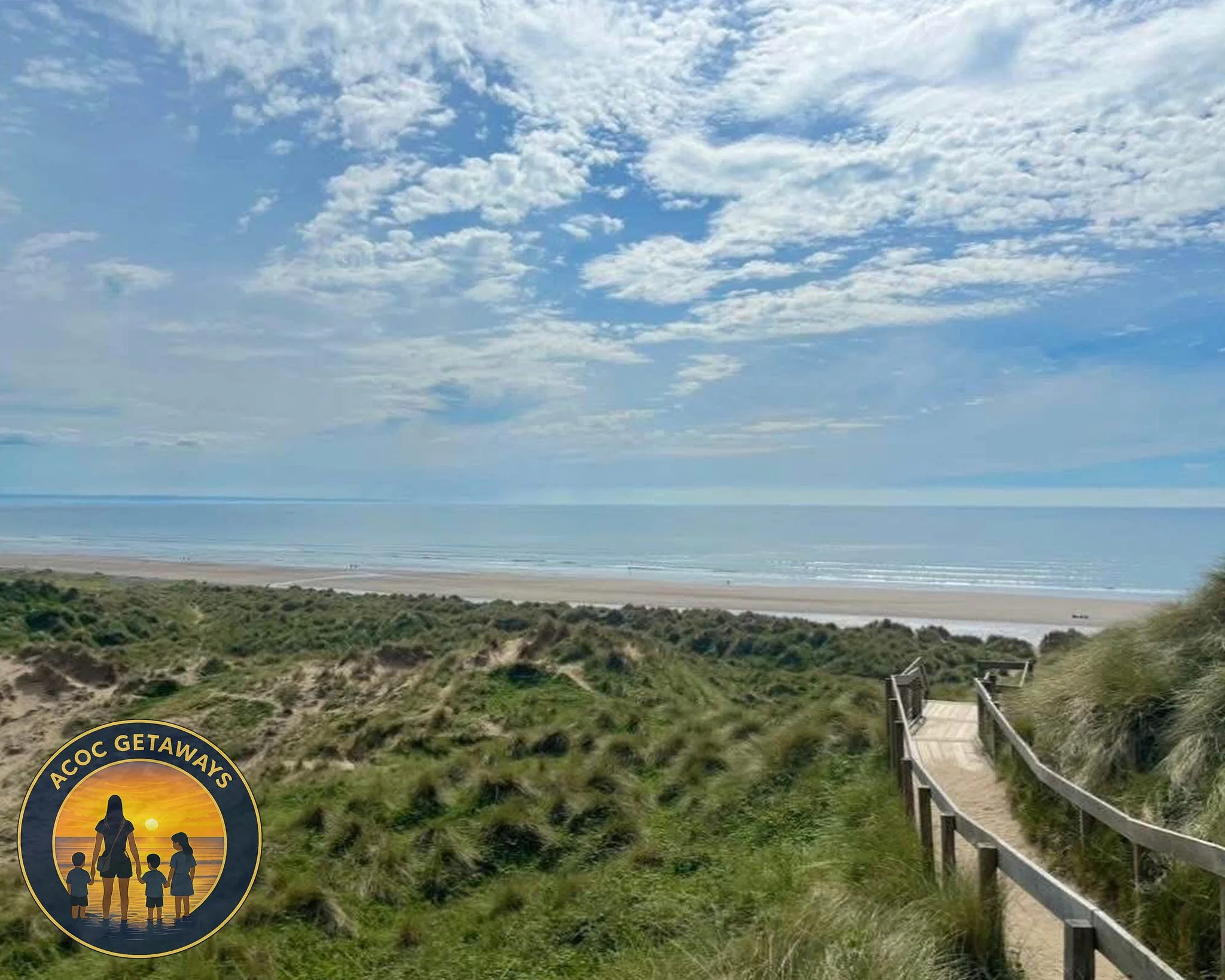 A scenic view of a beach with sand dunes and a pathway leading to the shoreline under a partly cloudy sky.