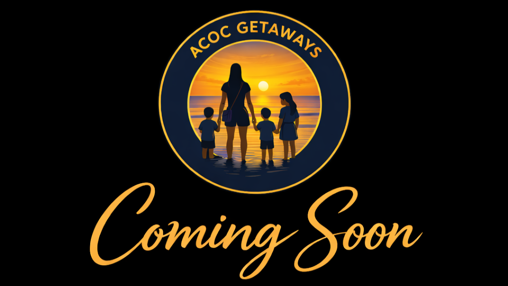A logo for ACoc Getaways featuring a silhouette of a woman with three children standing in the water during sunset, with the text "Coming Soon" underneath.