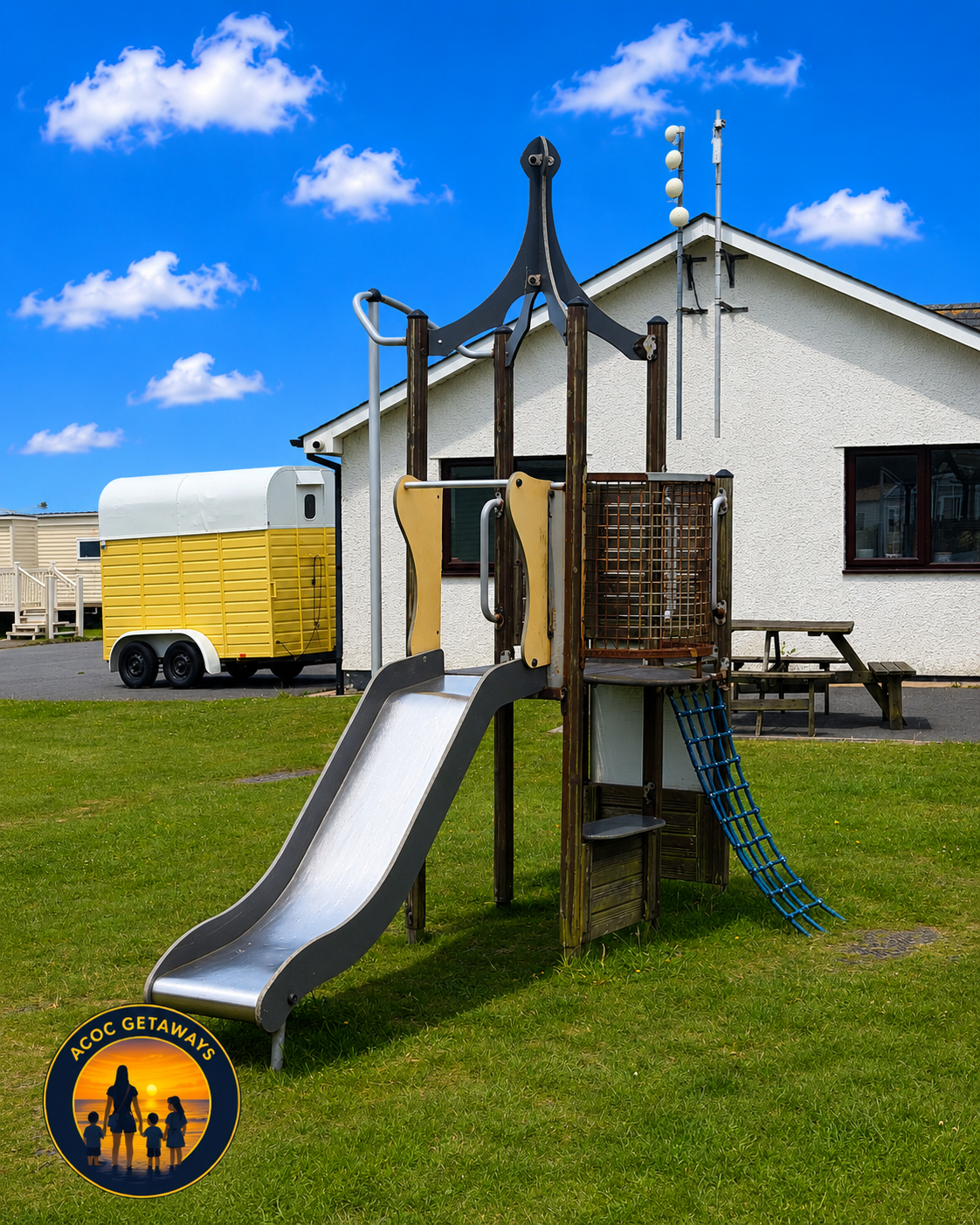 Children's playground with slide and climbing structure on grassy area, building with white exterior, yellow trailer, picnic table, and utility antennas in the background, under a blue sky with clouds.