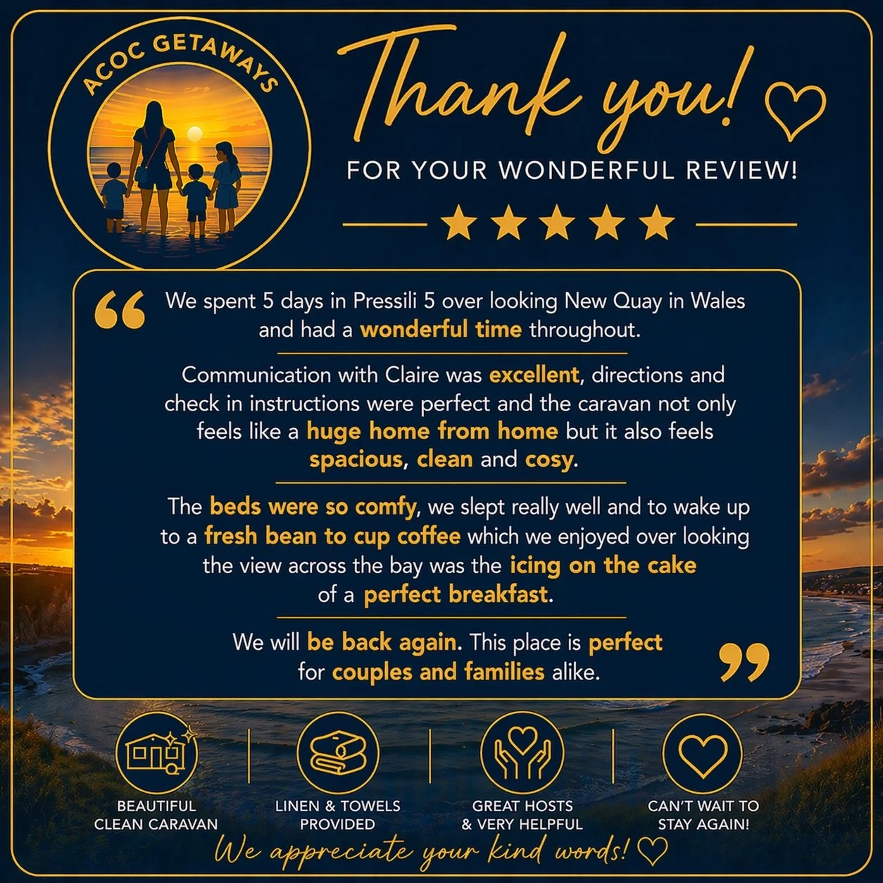Thank you message for a positive review of ACoc Getaways, featuring a sunset scene with a woman and three children on a beach, five gold stars, and icons indicating a clean caravan, linens and towels provided, great hosts, and welcoming atmosphere.