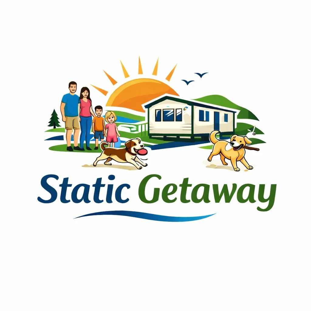 An illustration of a family of five, a dog playing, a camper trailer, hills, trees, and a rising sun with birds, with the text "Static Getaway".