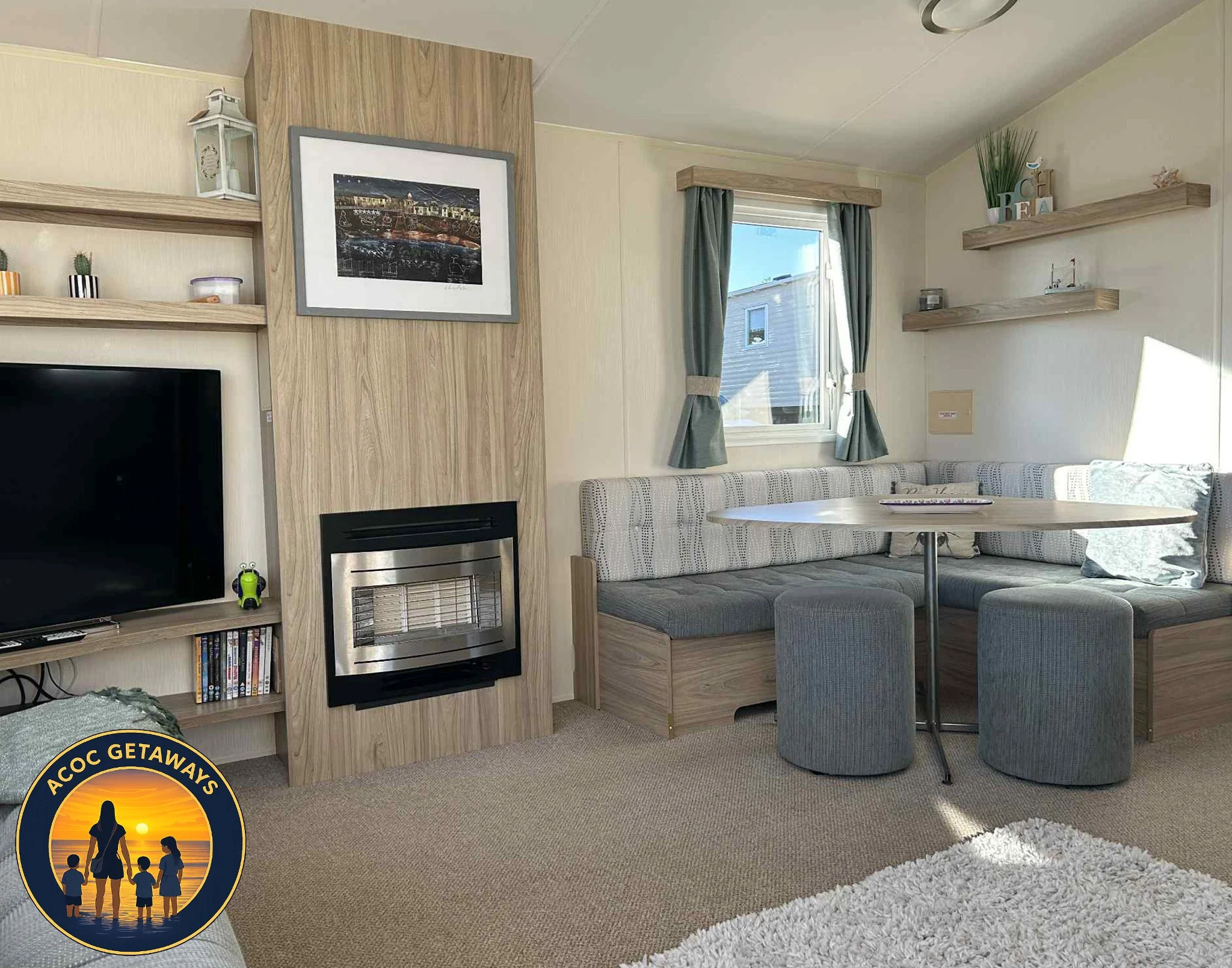 A cozy living room with a beige carpet and a shaggy white rug, featuring a built-in wooden entertainment center with a flat-screen TV, a fireplace, and shelves holding books and decorative items. A window with teal curtains lets in natural light, and