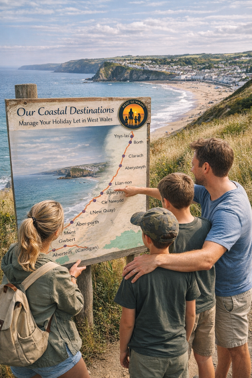 A family of four looking at a coastal destination map on a hillside with the ocean and cliffs in the background.
