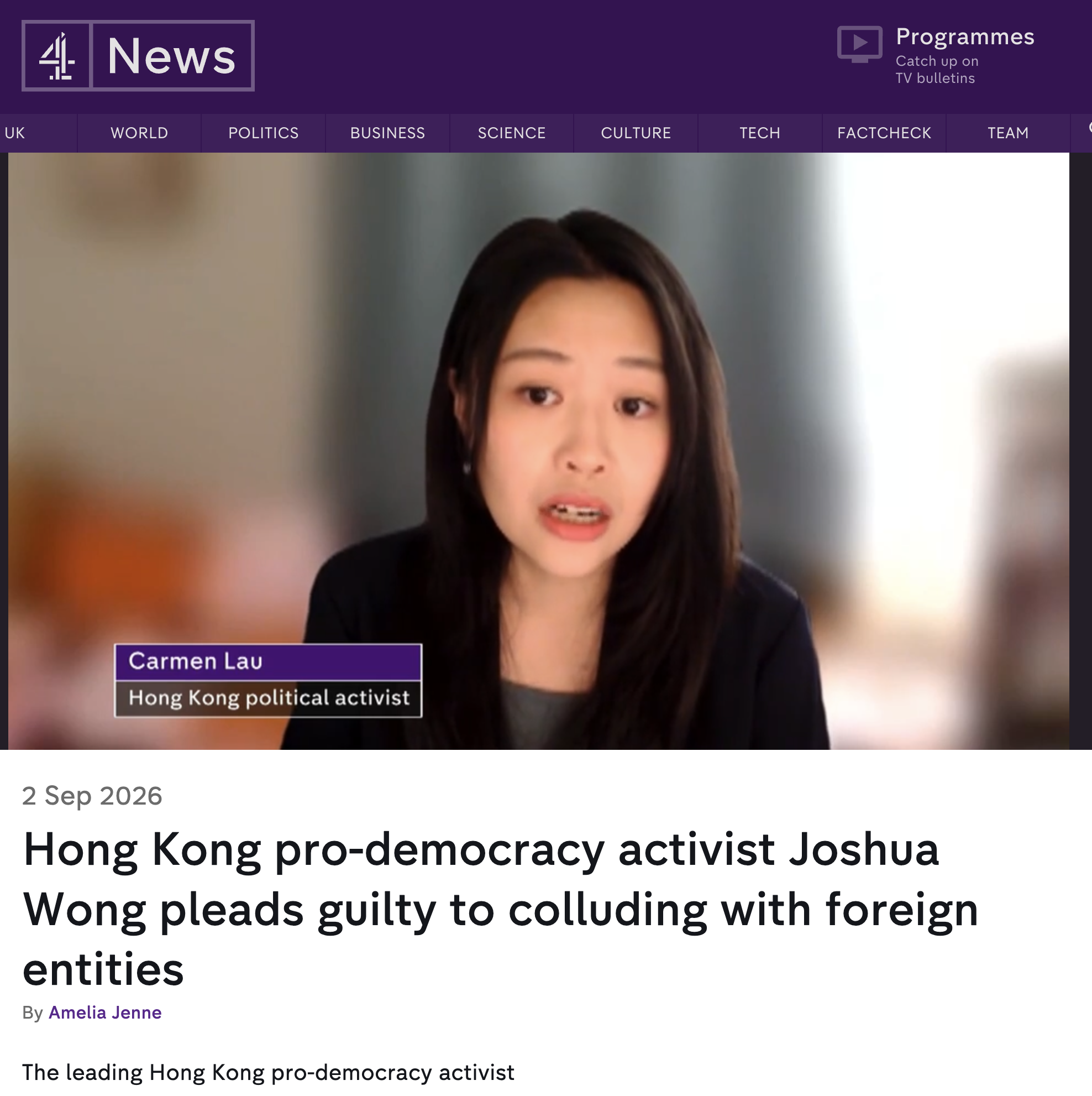 Hong Kong pro-democracy activist Joshua Wong pleads guilty to colluding with foreign entities