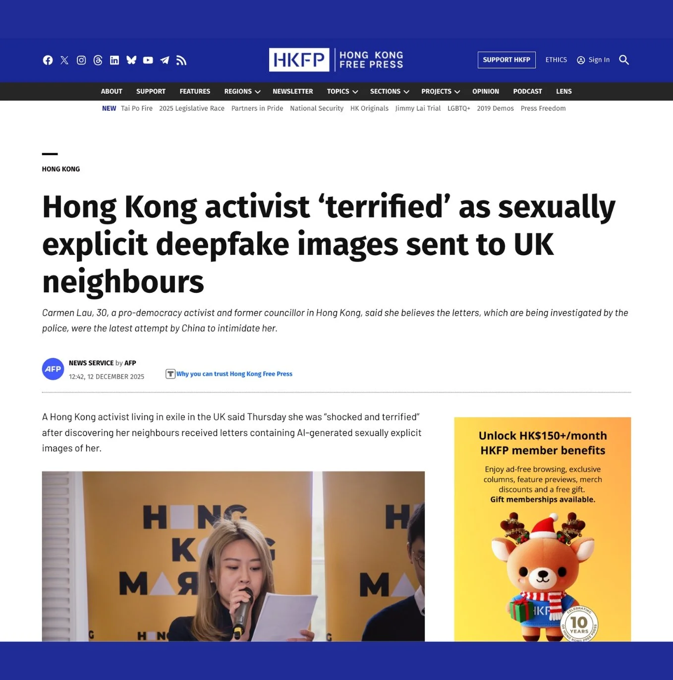 Hong Kong activist ‘terrified’ as sexually explicit deepfake images sent to UK neighbours