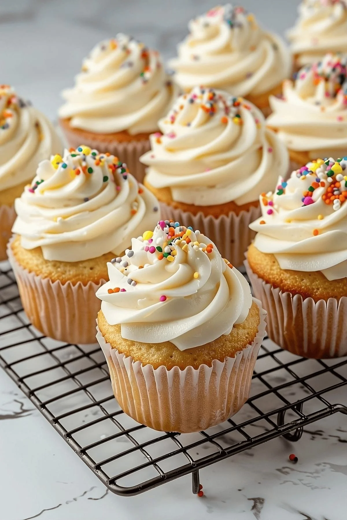 A group of vanilla cupcakes with swirl frosting and colorful sprinkles on top, placed on a wire cooling rack.