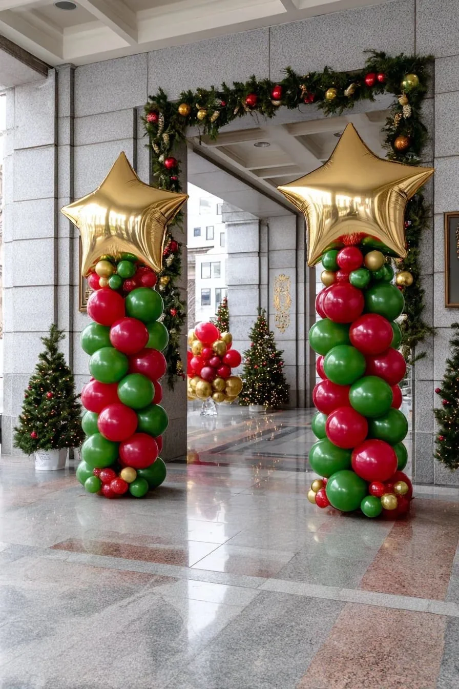 Decorated Christmas archway with balloon columns in red, green, and gold, topped with gold star-shaped balloons, surrounded by small Christmas trees with ornaments, in a building lobby.