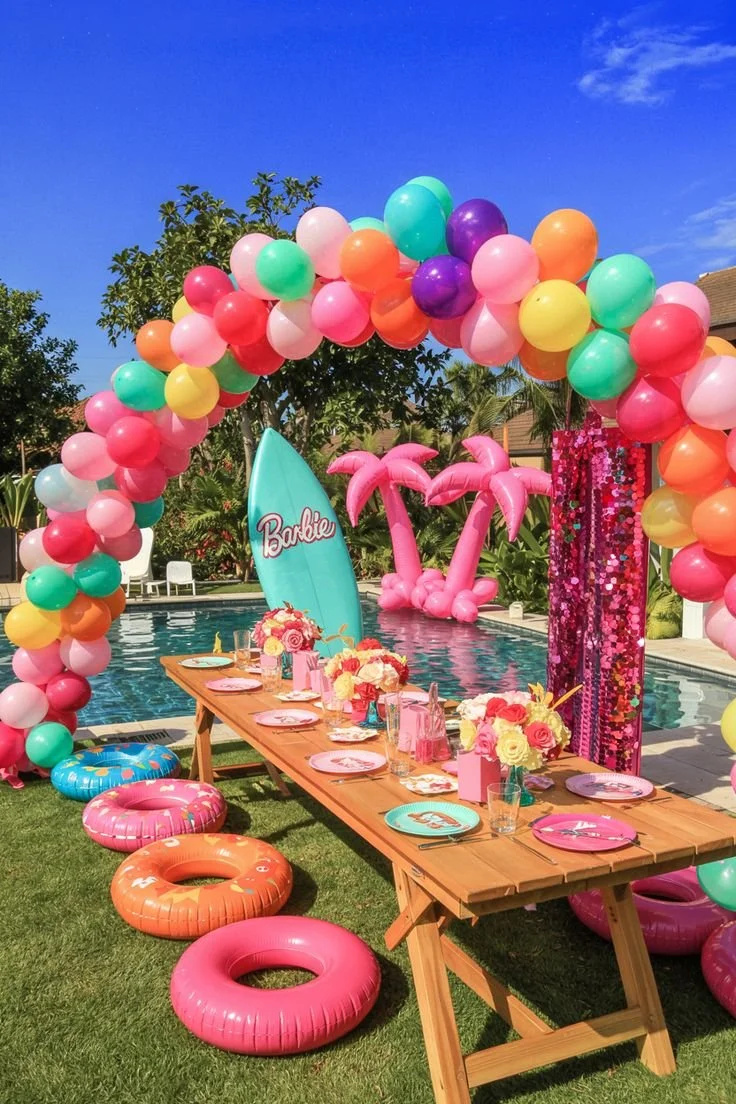 Decorated pool party setup with a colorful balloon arch, pink inflatable palm trees, a surfboard with 'Barbie' written on it, a table with floral centerpieces, and pool floats in bright colors.