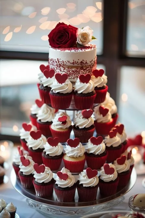 A three-tiered cake with red and white decorations, topped with rose flowers, surrounded by cupcakes with white frosting and red heart toppers, displayed on a glass stand in front of a window.