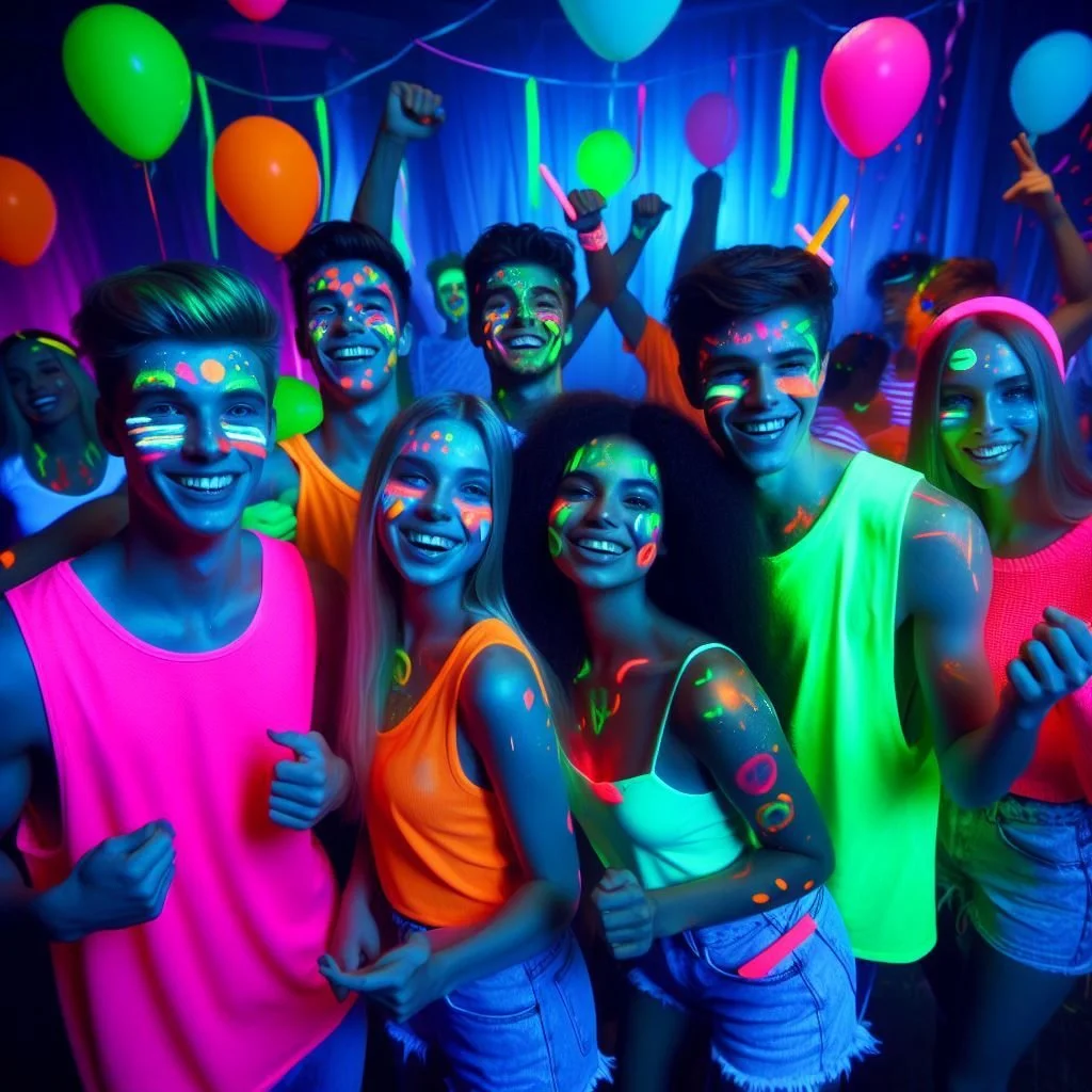 Group of young people celebrating at a glow-in-the-dark party with neon face paint, bright clothing, and balloons under blacklight.