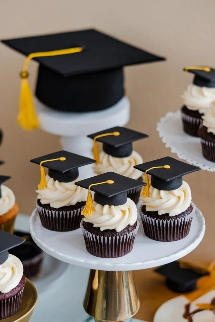 Cupcakes decorated with graduation cap toppers on a tiered display
