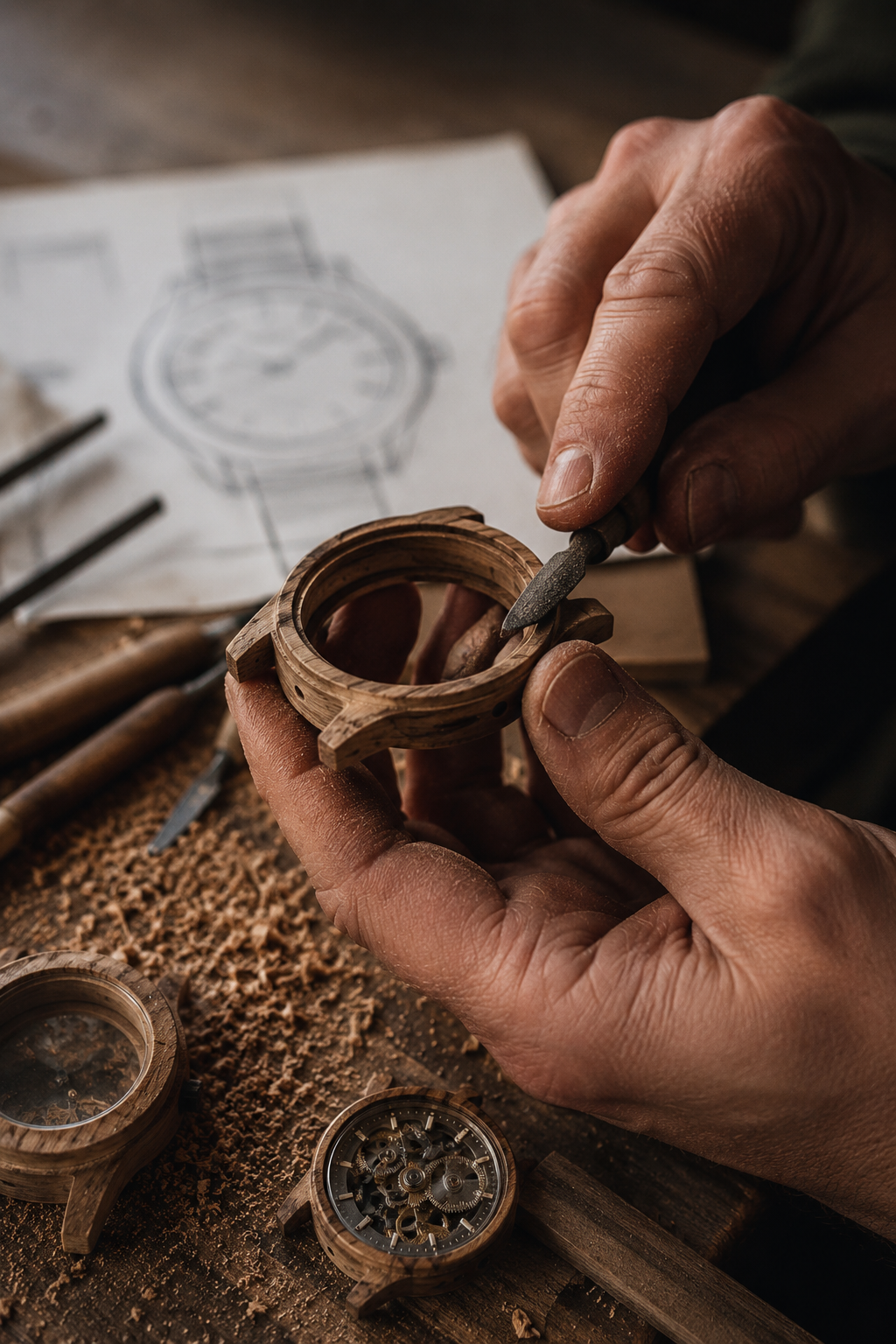 Un artisan assemble une montre en bois en utilisant un outil avec des pièces de montre en bois autour de lui.