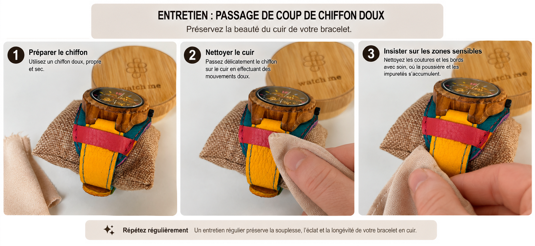 Instructions pour l'entretien d'un bracelet en cuir : 1. Préparer le chiffon doux, propre et sec. 2. Nettoyer délicatement le cuir avec un chiffon en effectuant des mouvements doux. 3. Insister sur les zones sensibles en nettoyant soigneusement les coutures et les bords pour enlever poussière et impuretés. Recommandation : répéter régulièrement pour préserver la souplesse, l'éclat et la longévité du bracelet en cuir.