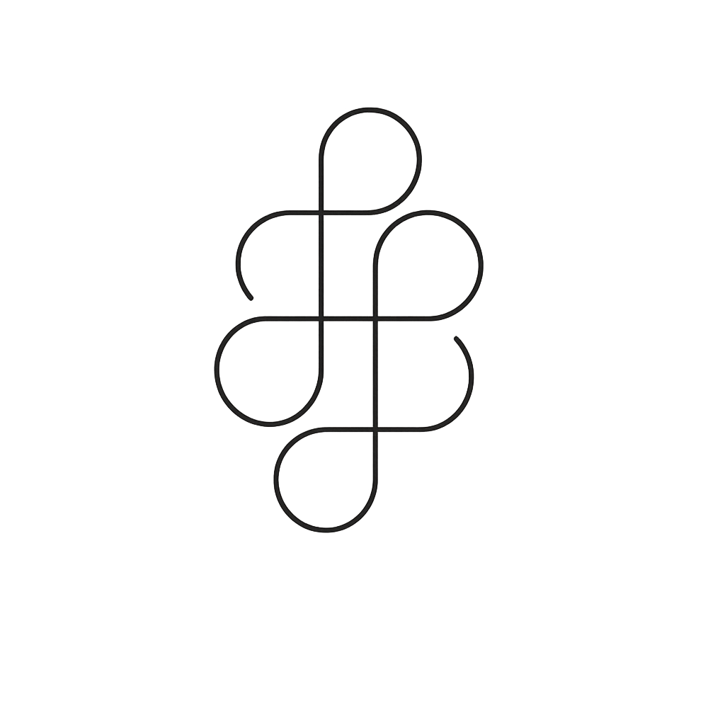 Un dessin minimaliste en ligne noire représentant une structure graphique avec des formes en boucle liées ensemble, semblable à un motif abstrait.
