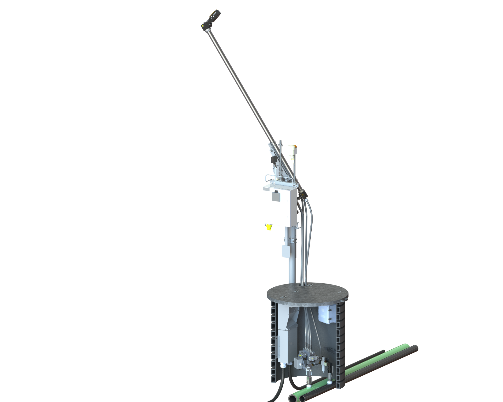 Rendering of a Grizzly Stick with a metal culvert vault housing a hydrant actuator, hill air, pedestal, valves, and hoses inside the vault