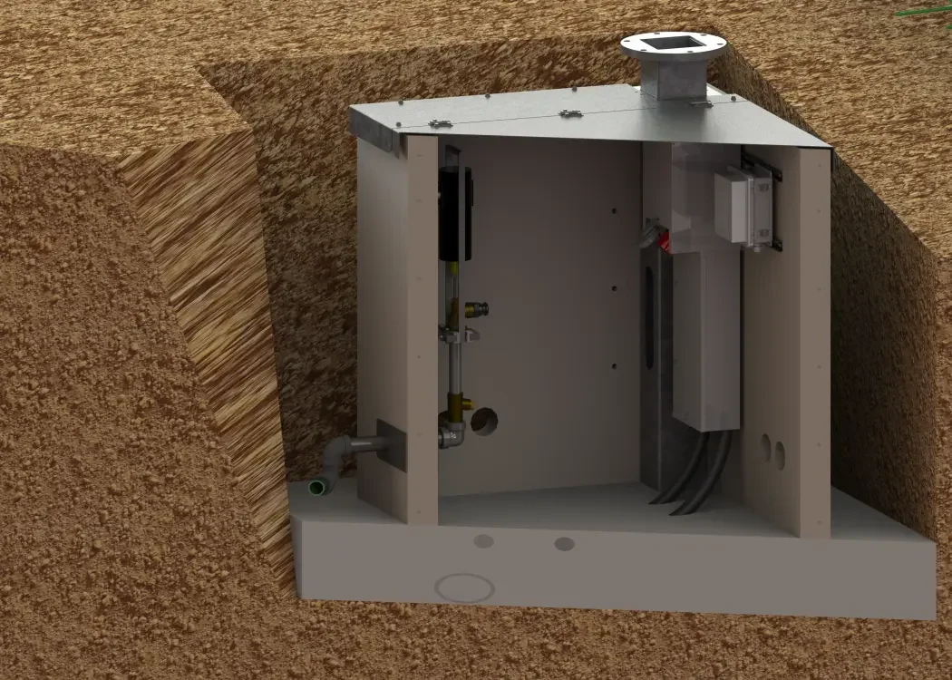 SMI Concrete snowmaking vault with corner post, hydrant actuator, and pedestal.