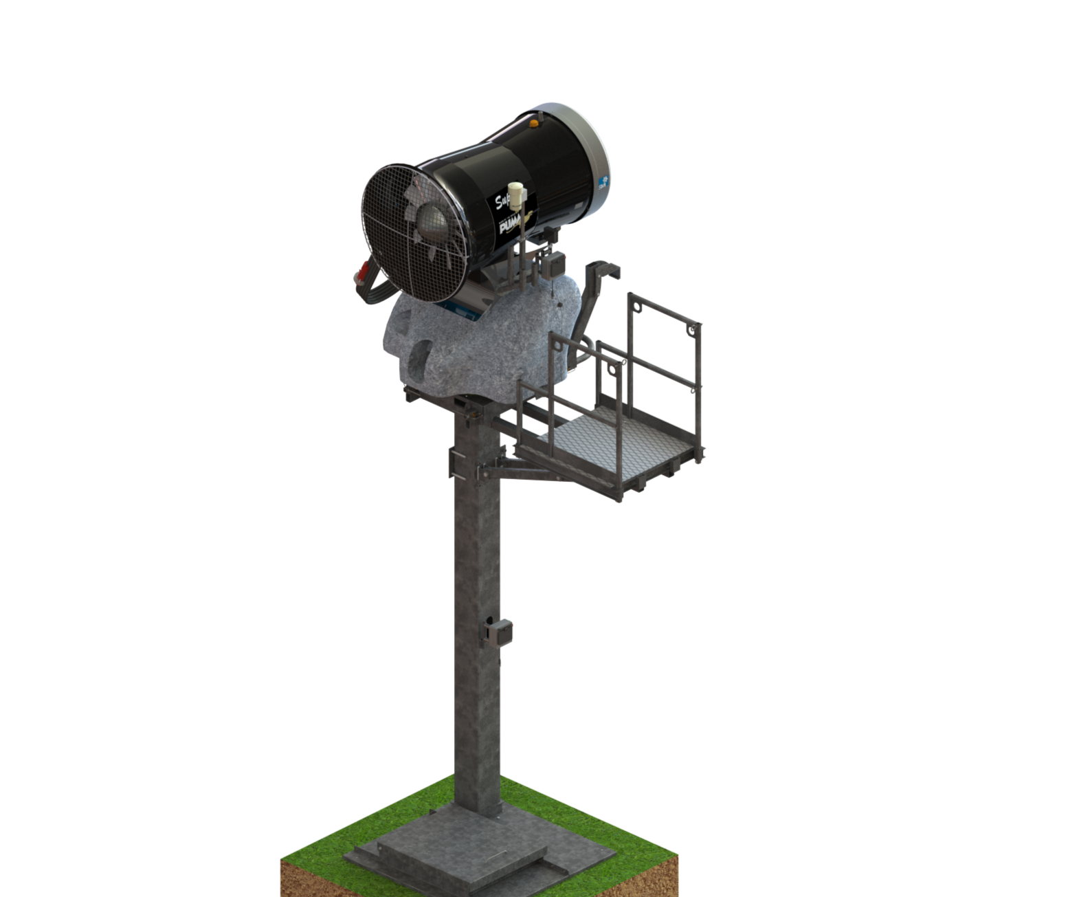 Rendering of an SMI Omni Tower mount with an SMI Super Puma snowmaker on top of it.