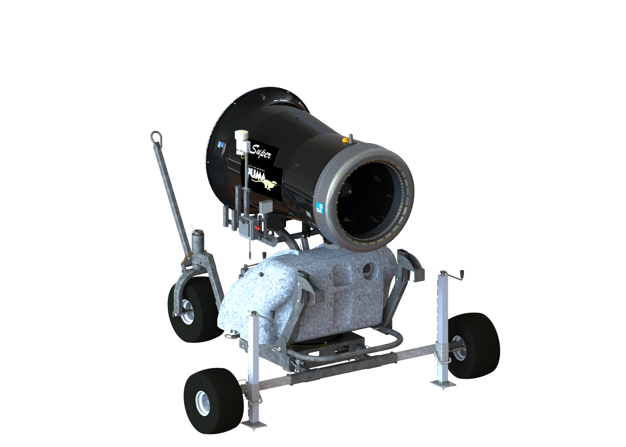 Rendering of an SMI Omni Chassis with a 3 wheel carriage. Featuring an SMI Super Puma snow machine.