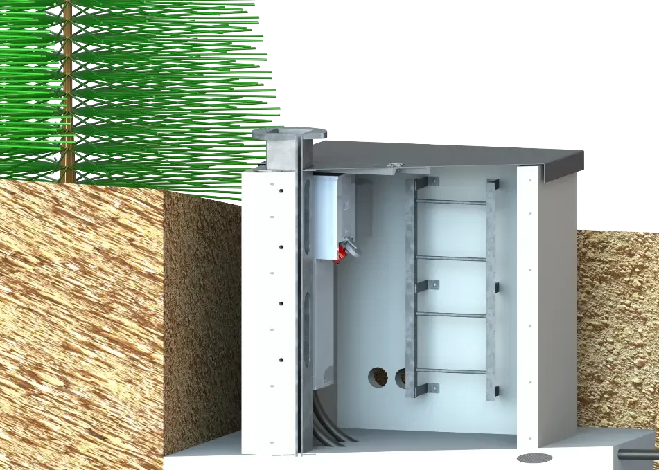 SMI concrete snowmaking vault with corner post, pedestal, and ladder.