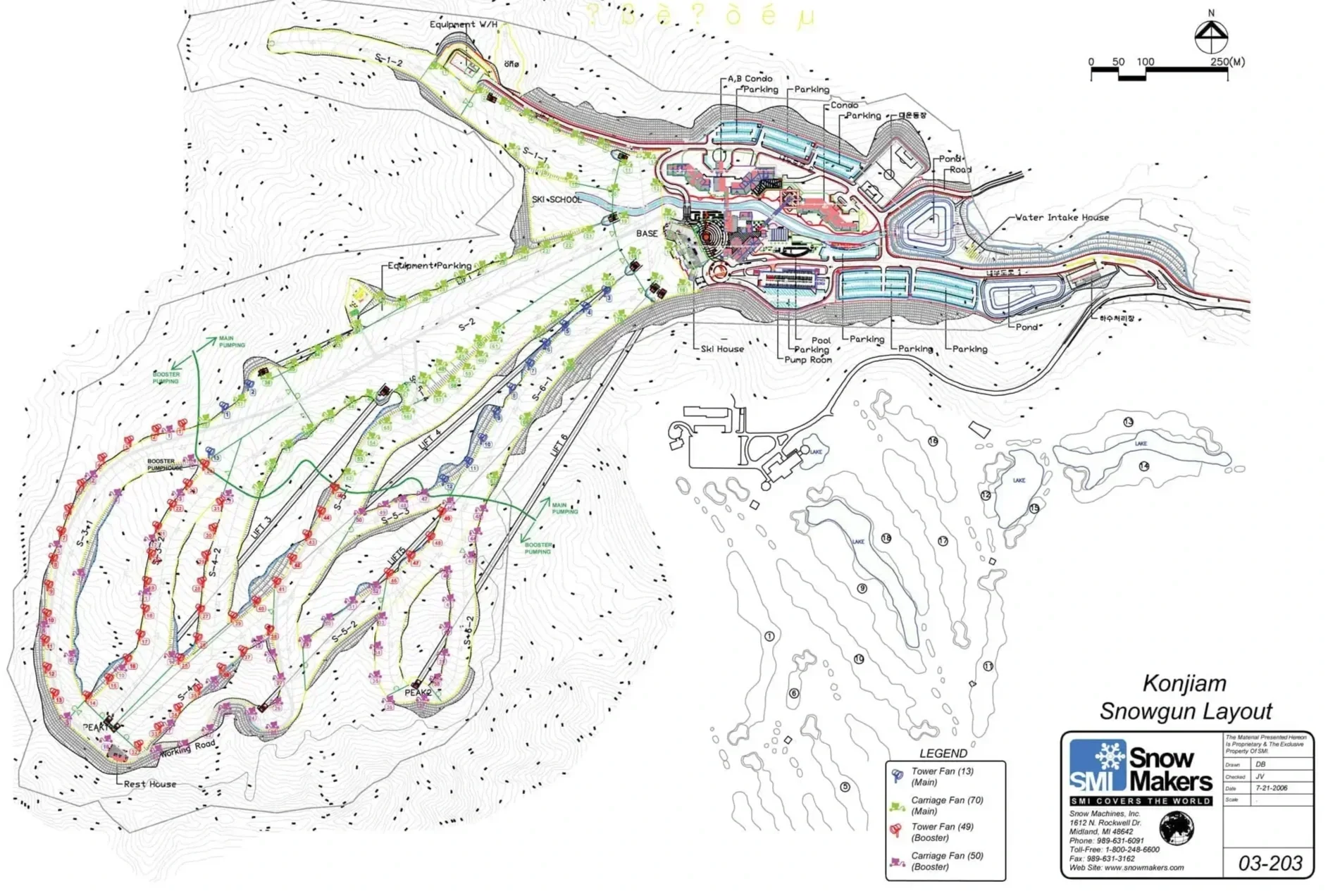 A detailed engineering layout of the Konjiam Snowgun, showing snowmaking equipment, piping, electric lines, and layout of the ski slopes and lifts, including technical specifications and legend.