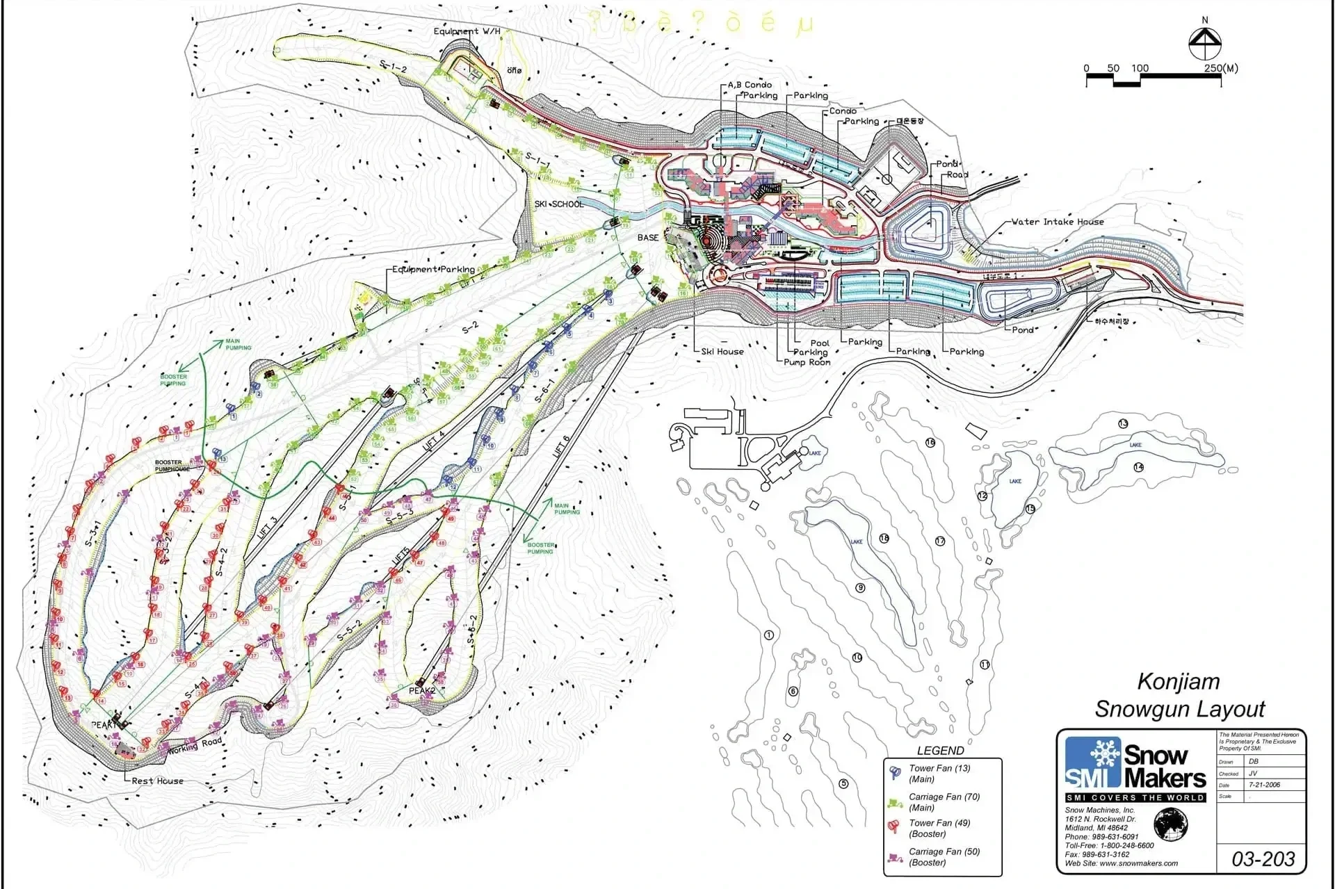 Layout plan of Konjiam Snowgun area showing ski slopes, lifts, parking areas, ski school, pond, and facilities with legends indicating equipment and fan locations.