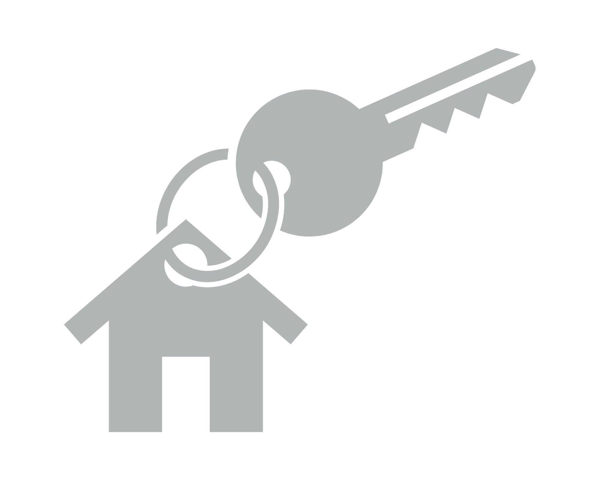 A graphic of a house key attached to a keychain, with the house shape on the keychain.