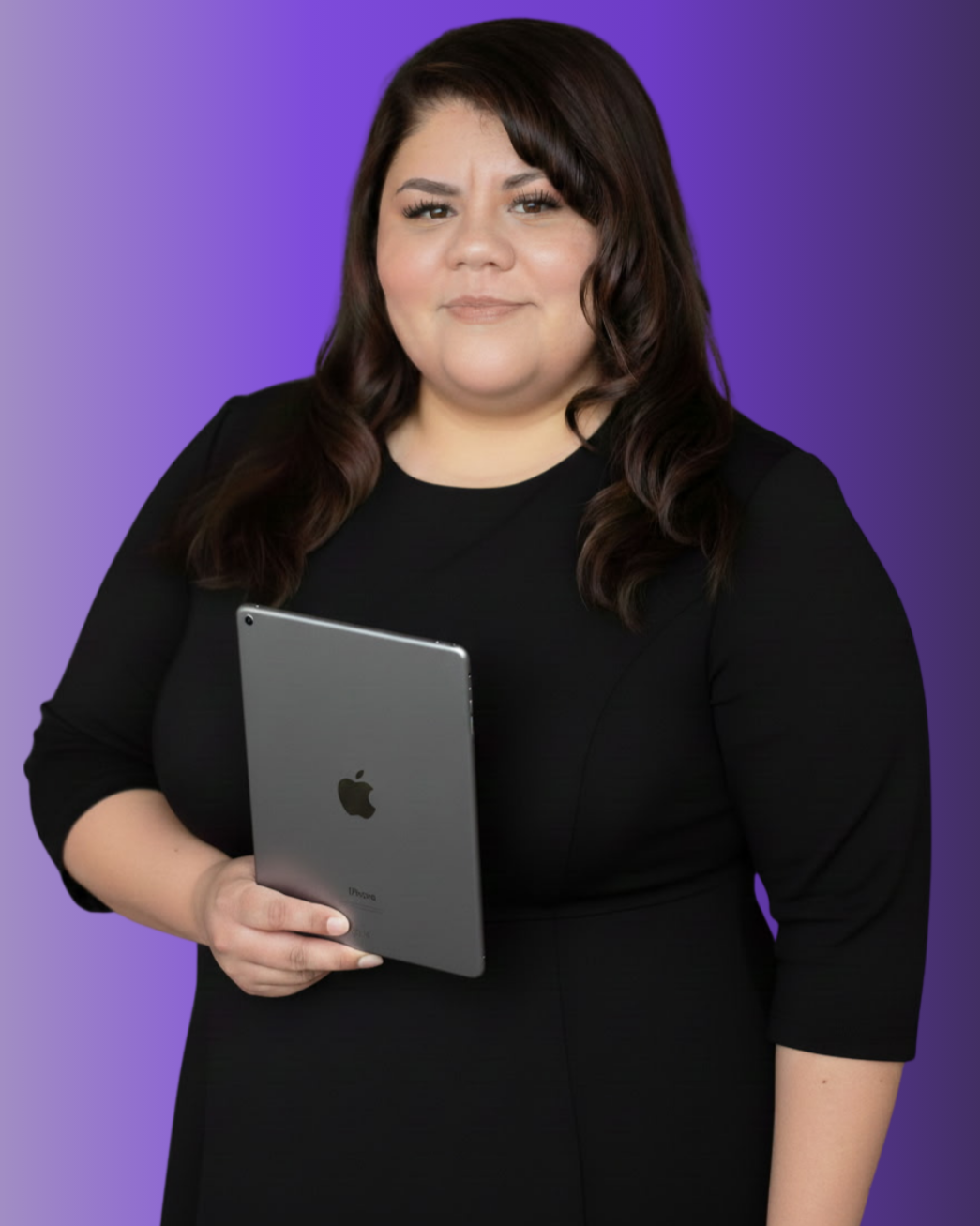 Woman with long brown hair in a black top holding an iPad in front of a purple gradient background.