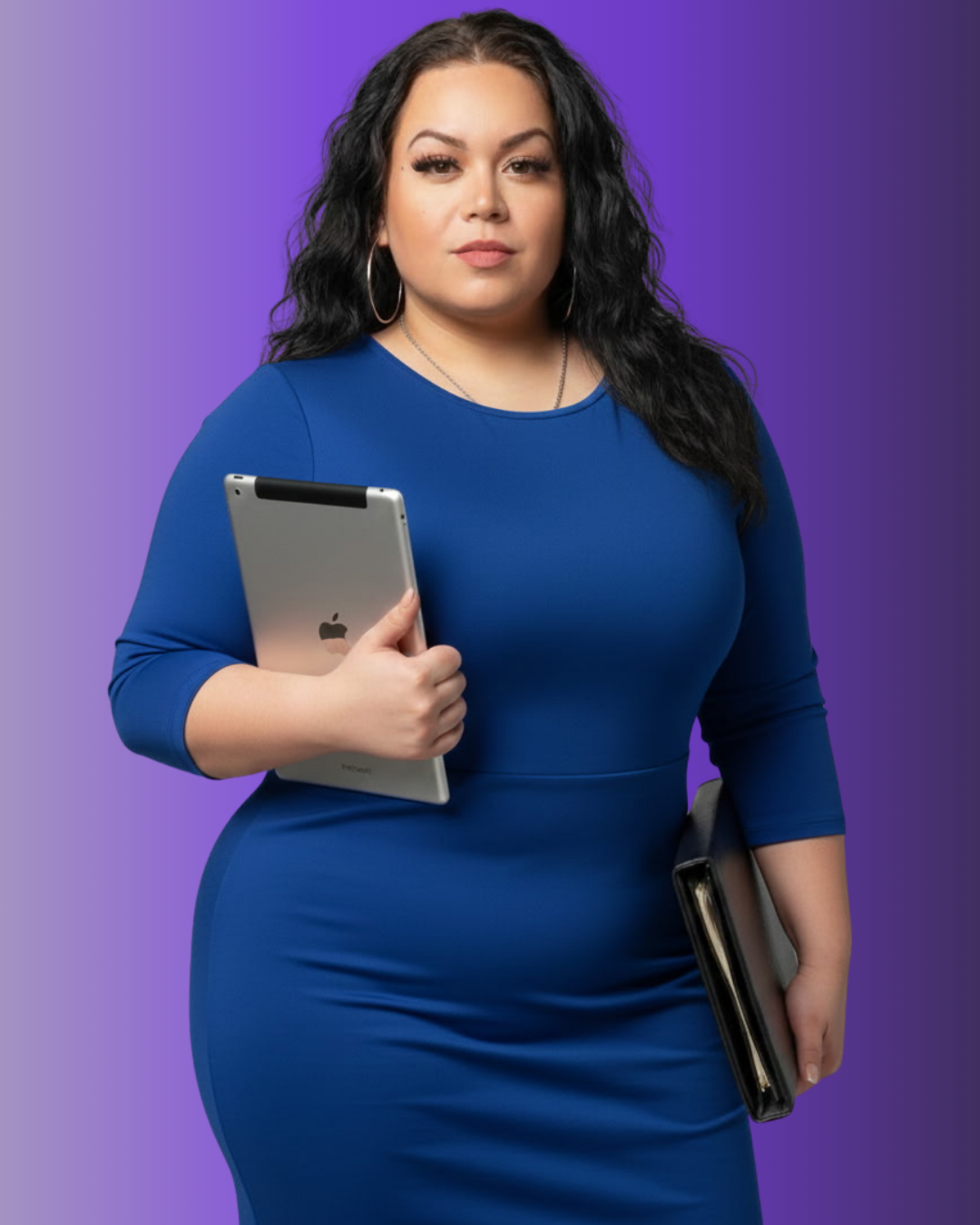 A confident plus-sized woman with long dark curly hair holds an iPad in her right hand and a black folder in her left hand, standing against a purple background.