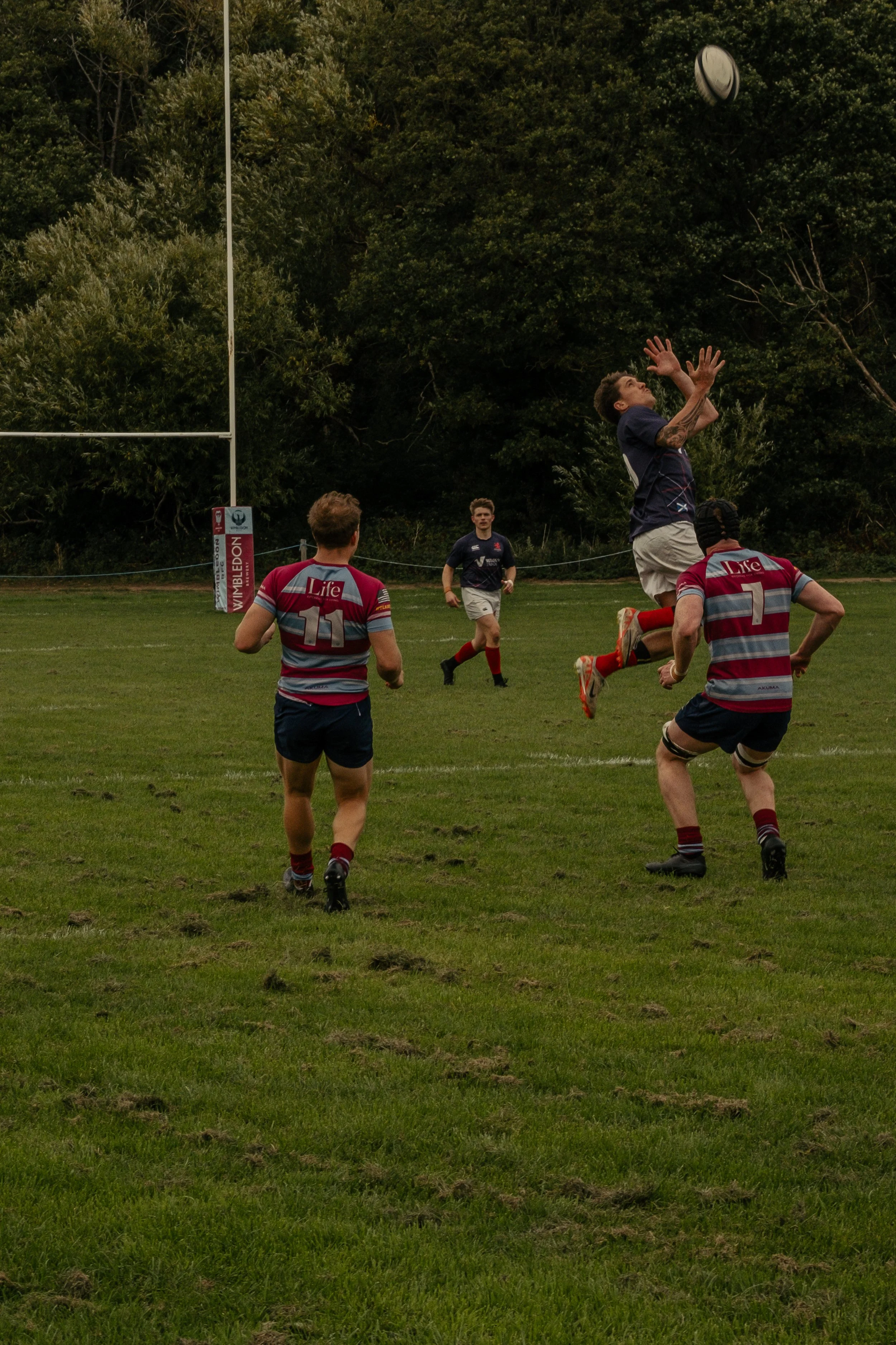 Rugby players competing to catch the ball on a grassy field, with one player jumping to intercept.