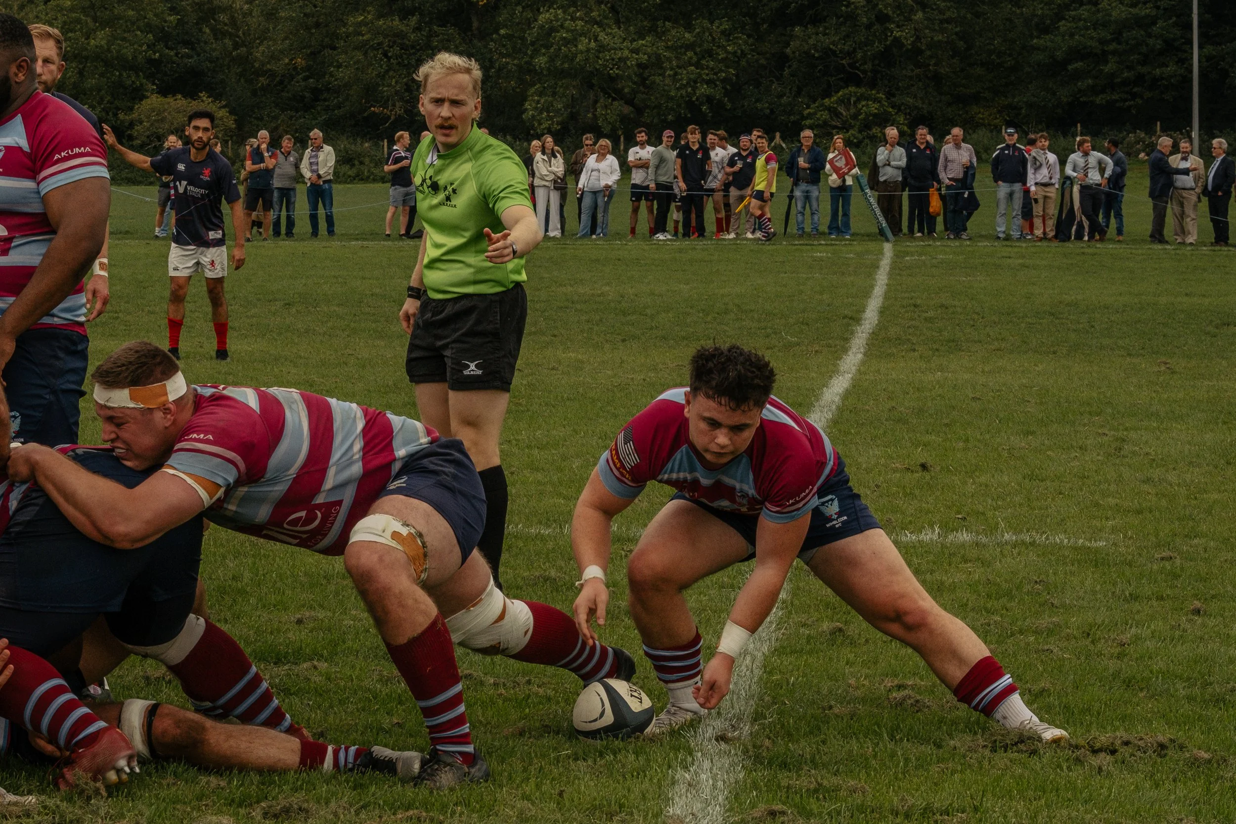A rugby game is in progress with players tackling and a player preparing to pick up the ball from the ground.