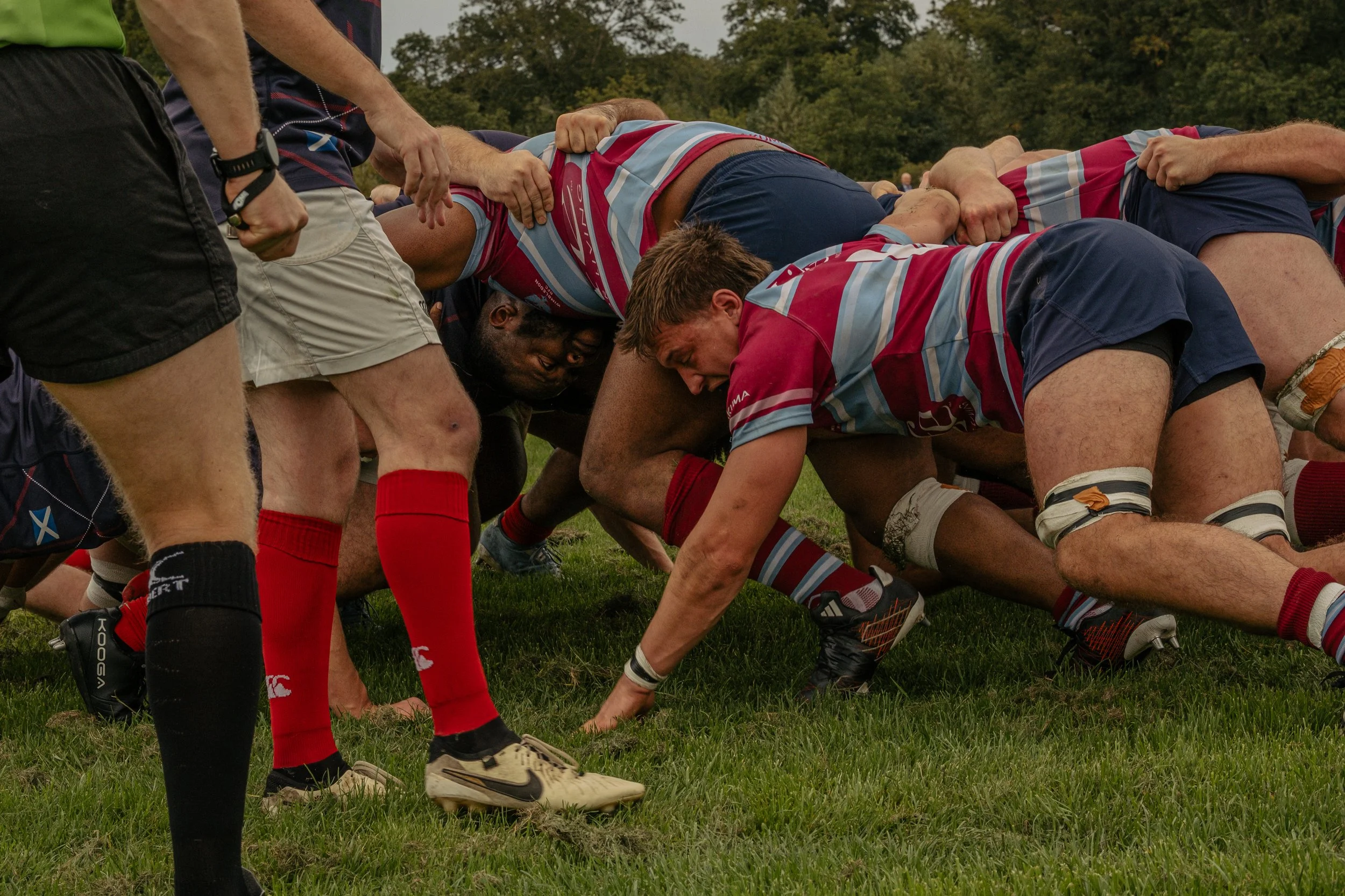 Rugby players engaged in a scrum during a game on a grassy field.