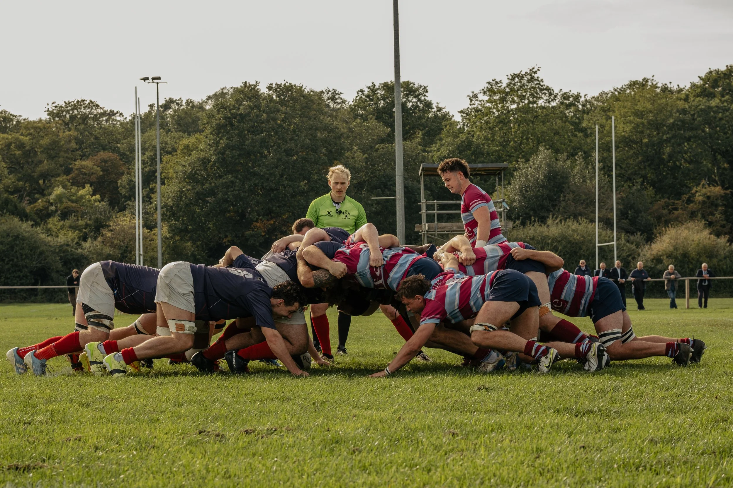 Rugby players engaged in a scrum on a grassy field, with a referee standing behind them and spectators watching in the background.