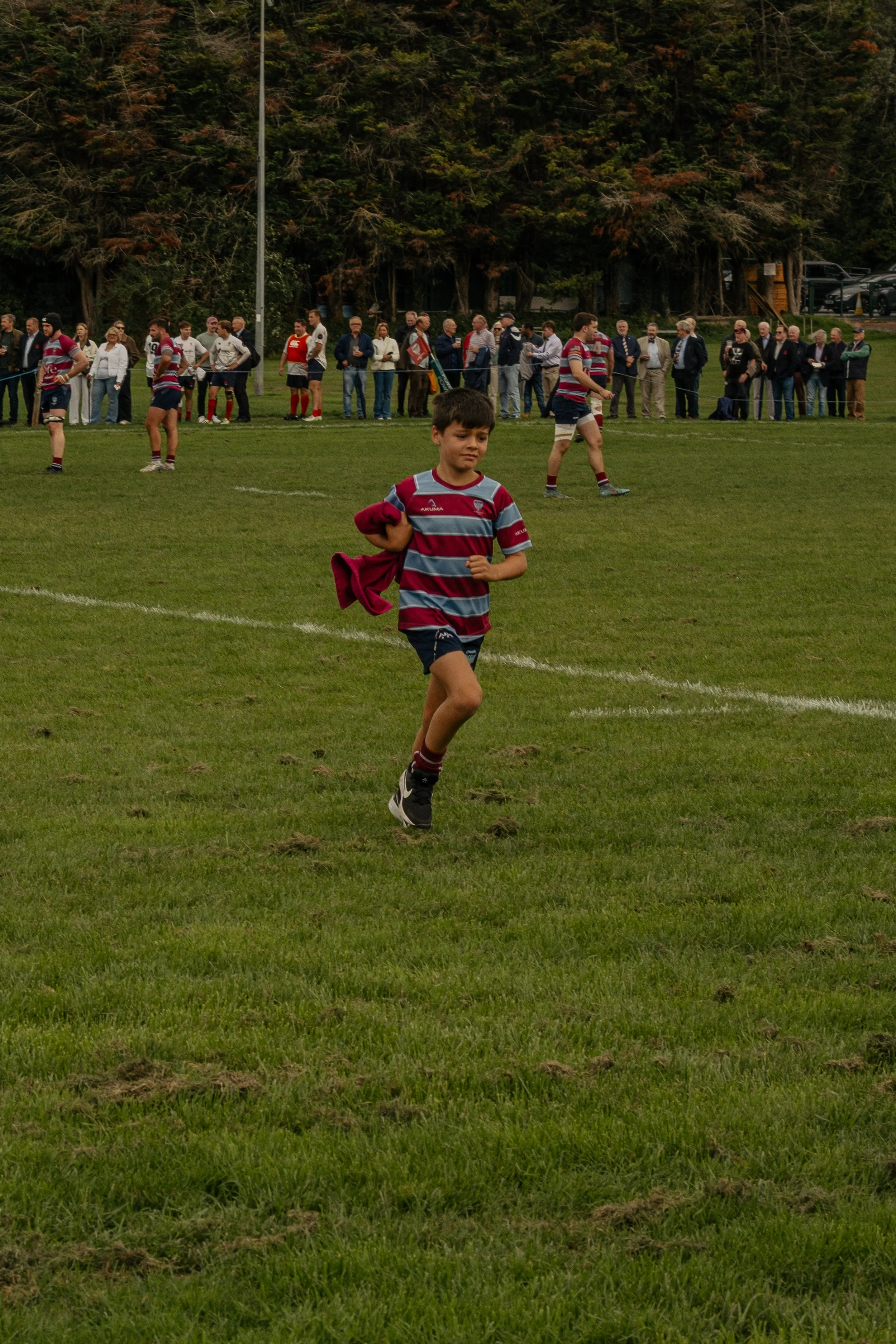 A young boy wearing a rugby uniform running on a grassy field during a game, with other players and spectators in the background.