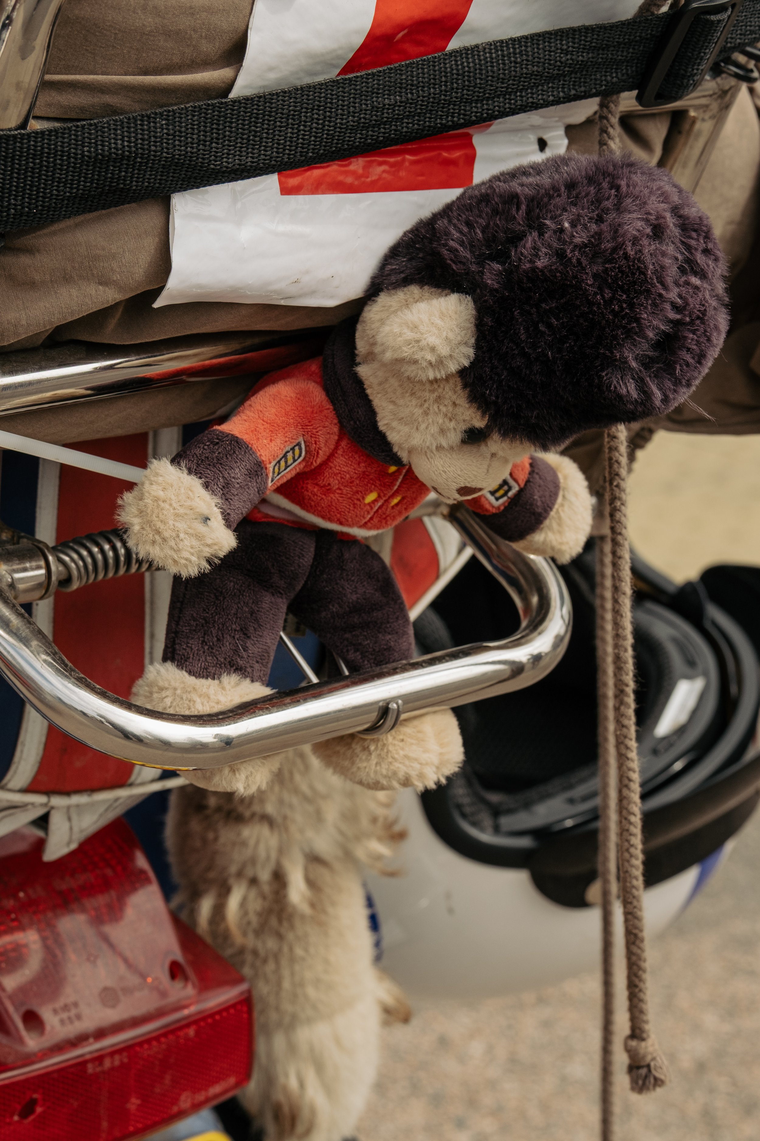 A stuffed Mickey Mouse toy hanging from a bike rack with a dog below, partially visible.