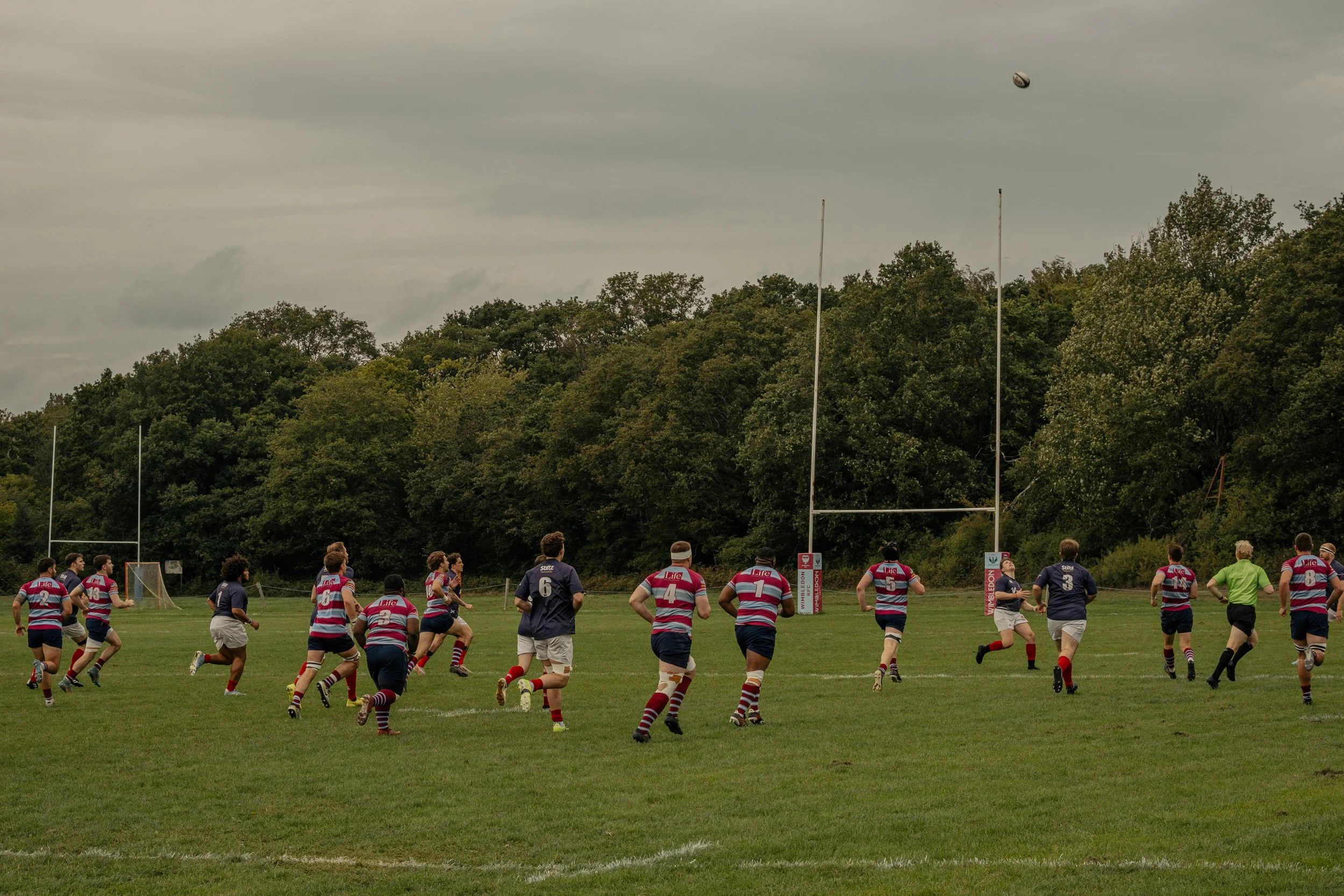 Rugby players running on the field during a game, with rugby goalposts and a forested background under a cloudy sky.