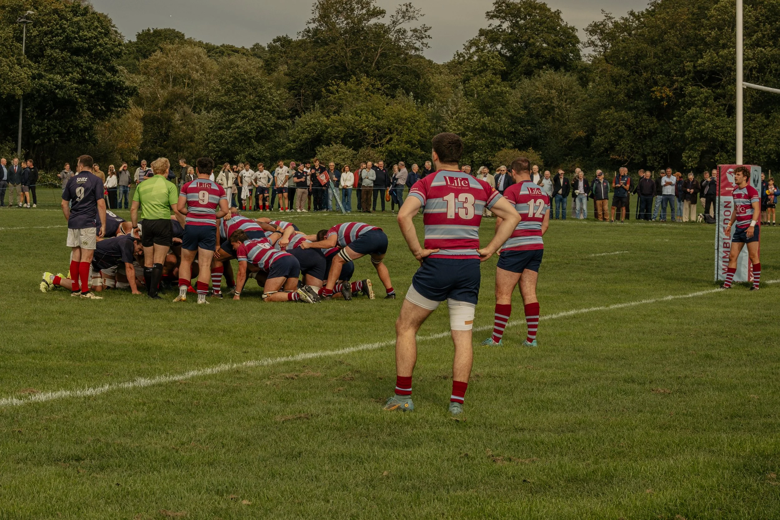 Rugby players in a scrum on the field, with two players standing on the side watching, while spectators watch from the sidelines.