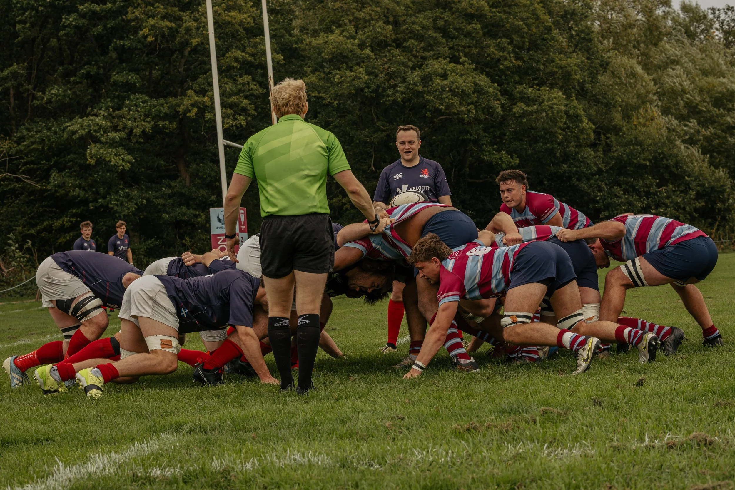 Rugby players engaged in a scrum on a grassy field during a match, with a referee in a green shirt overseeing the play and two players in the background watching.