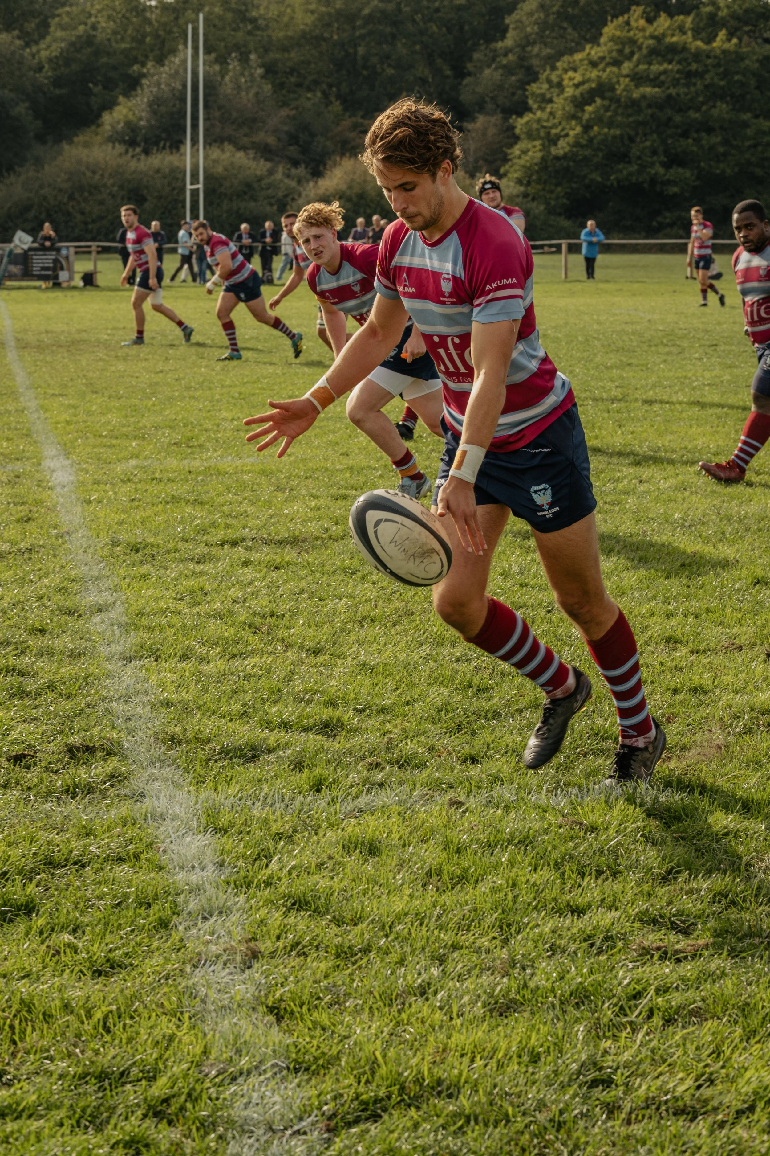 A rugby player in maroon and light blue uniform catching or passing a rugby ball on a grass field, with other players and spectators in the background.