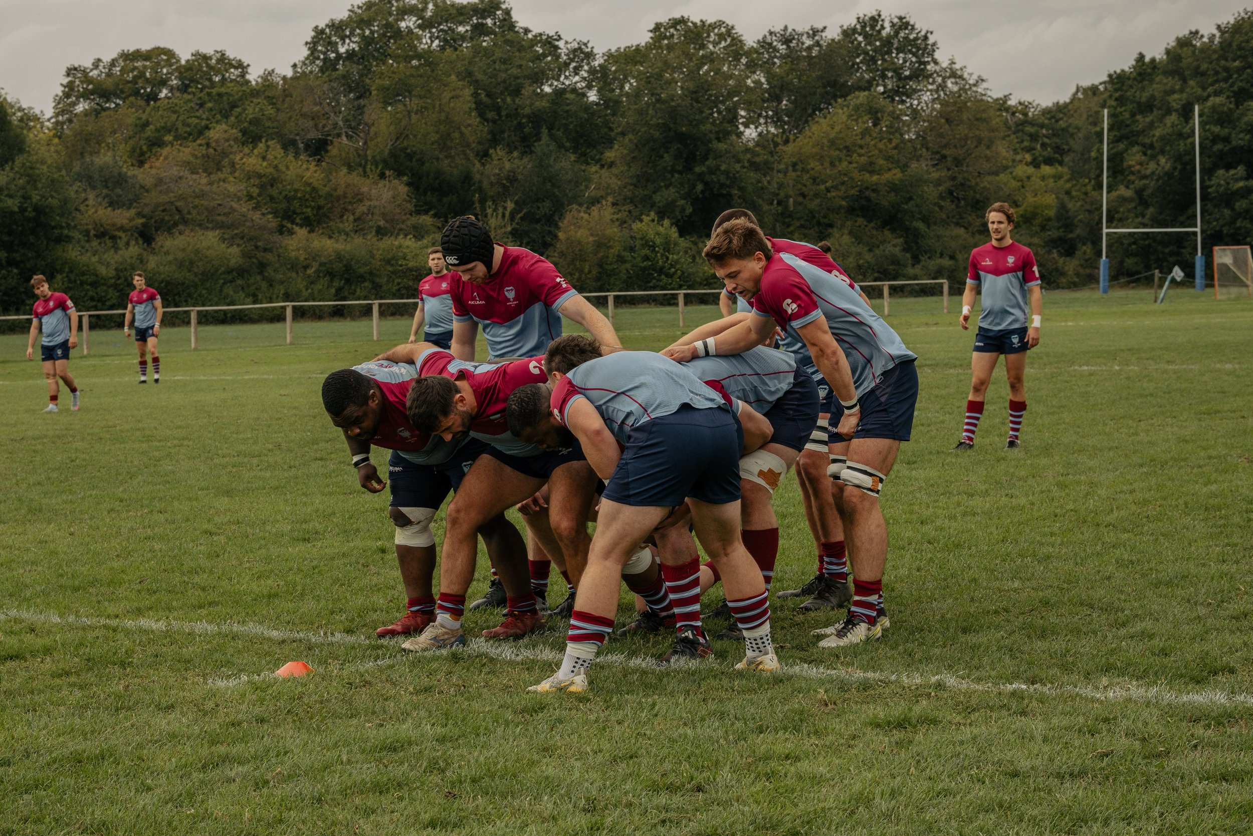 Rugby players engaging in a scrum on a grassy field during a match, with some players standing in the background and trees in the distance.