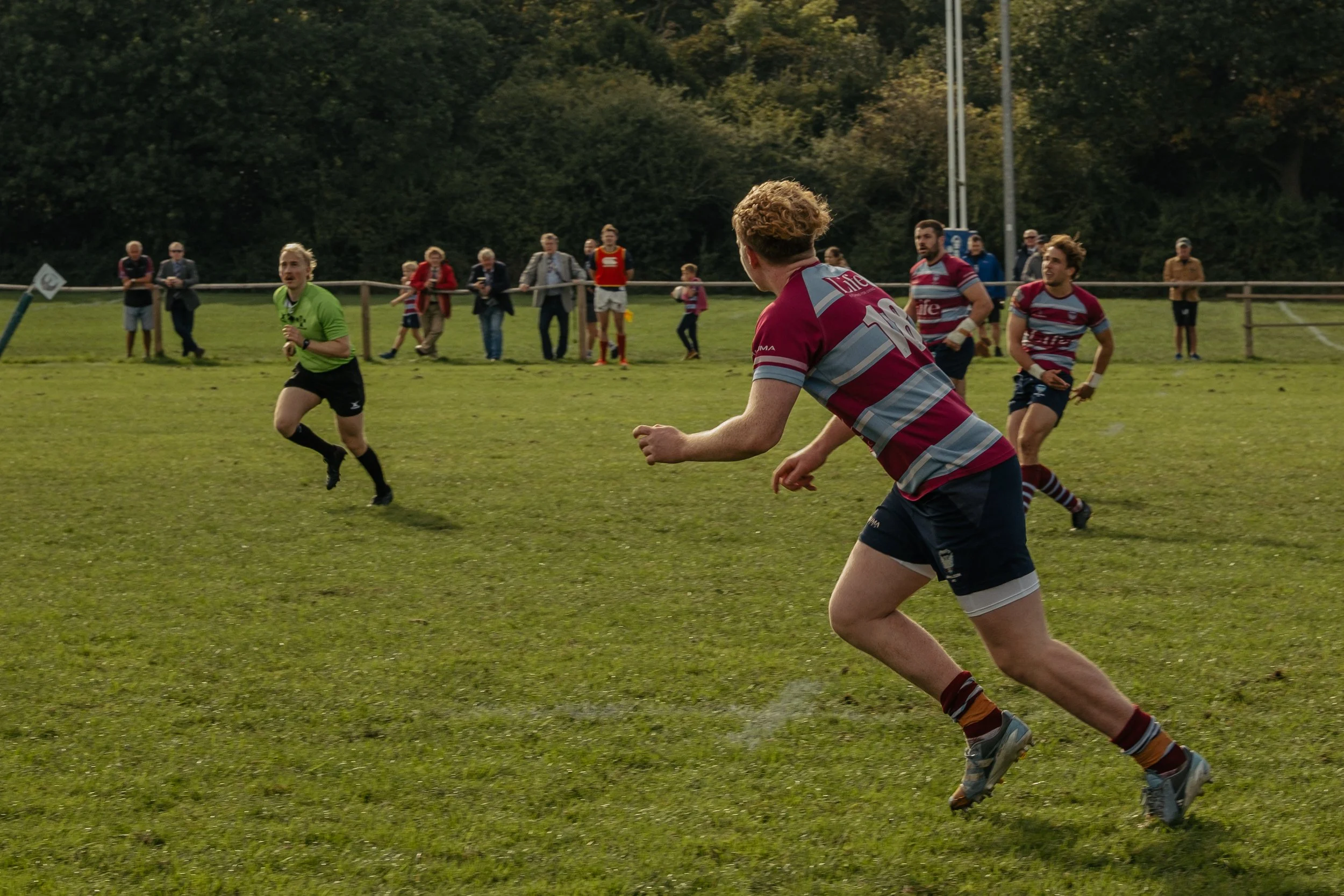 Rugby players in action on a grassy field with spectators watching from behind a wooden fence. Two teams are competing, one in maroon and gray striped jerseys and the other in light green.