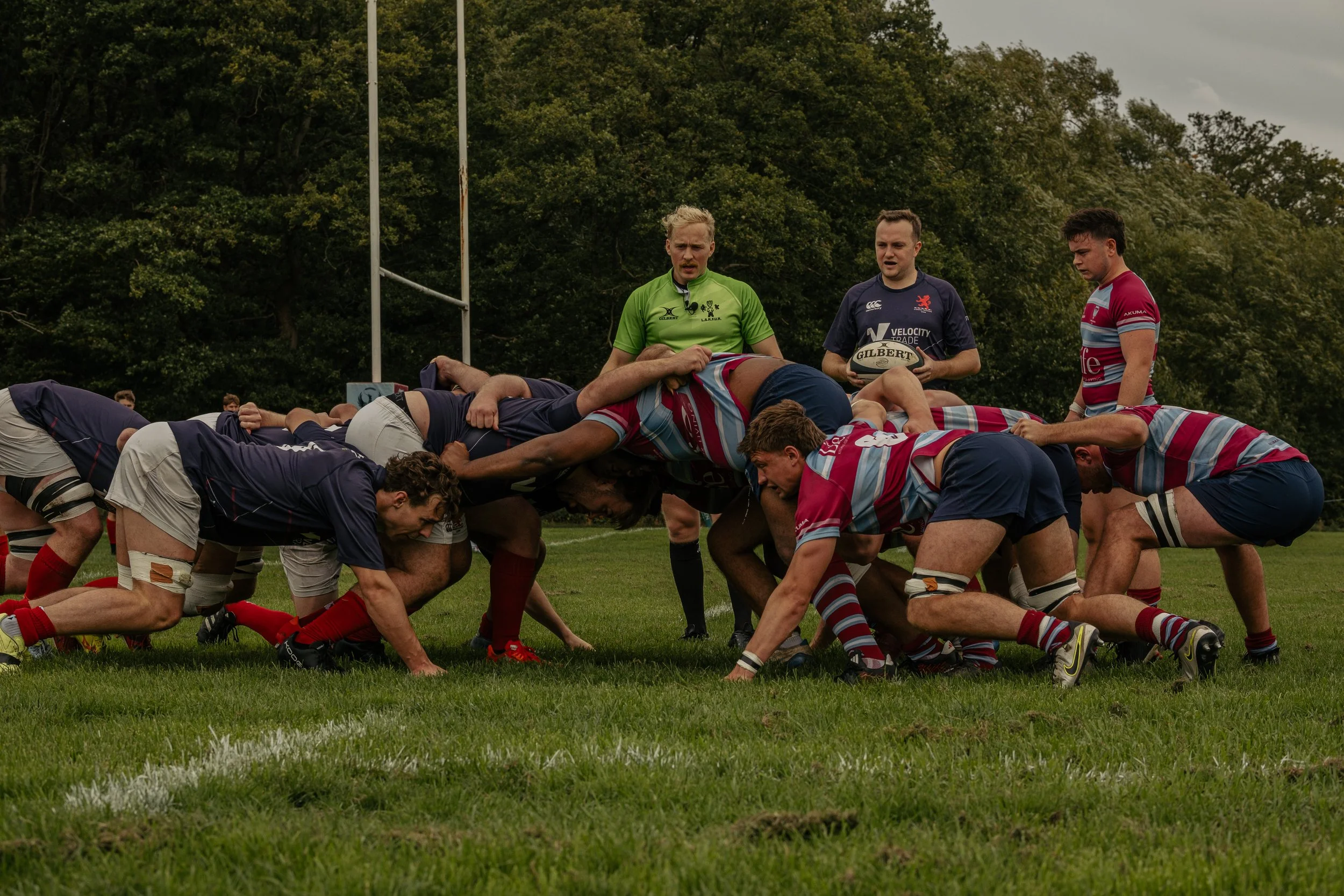 Rugby players engage in a scrum on a grassy field during a game, with officials and a player holding a rugby ball observing nearby.