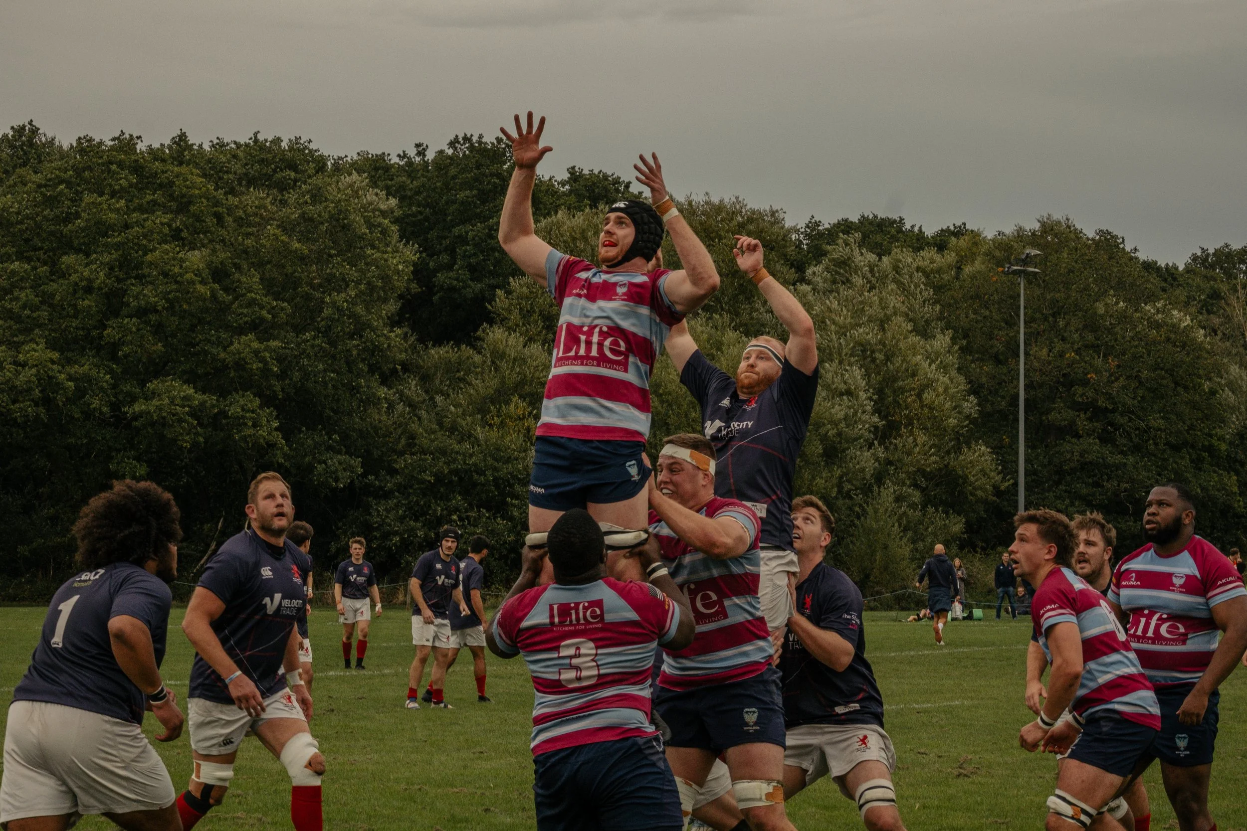 Rugby players engage in a line-out, with one player being lifted by teammates to catch the ball. The scene is outdoors on a rugby field with trees in the background and overcast sky.